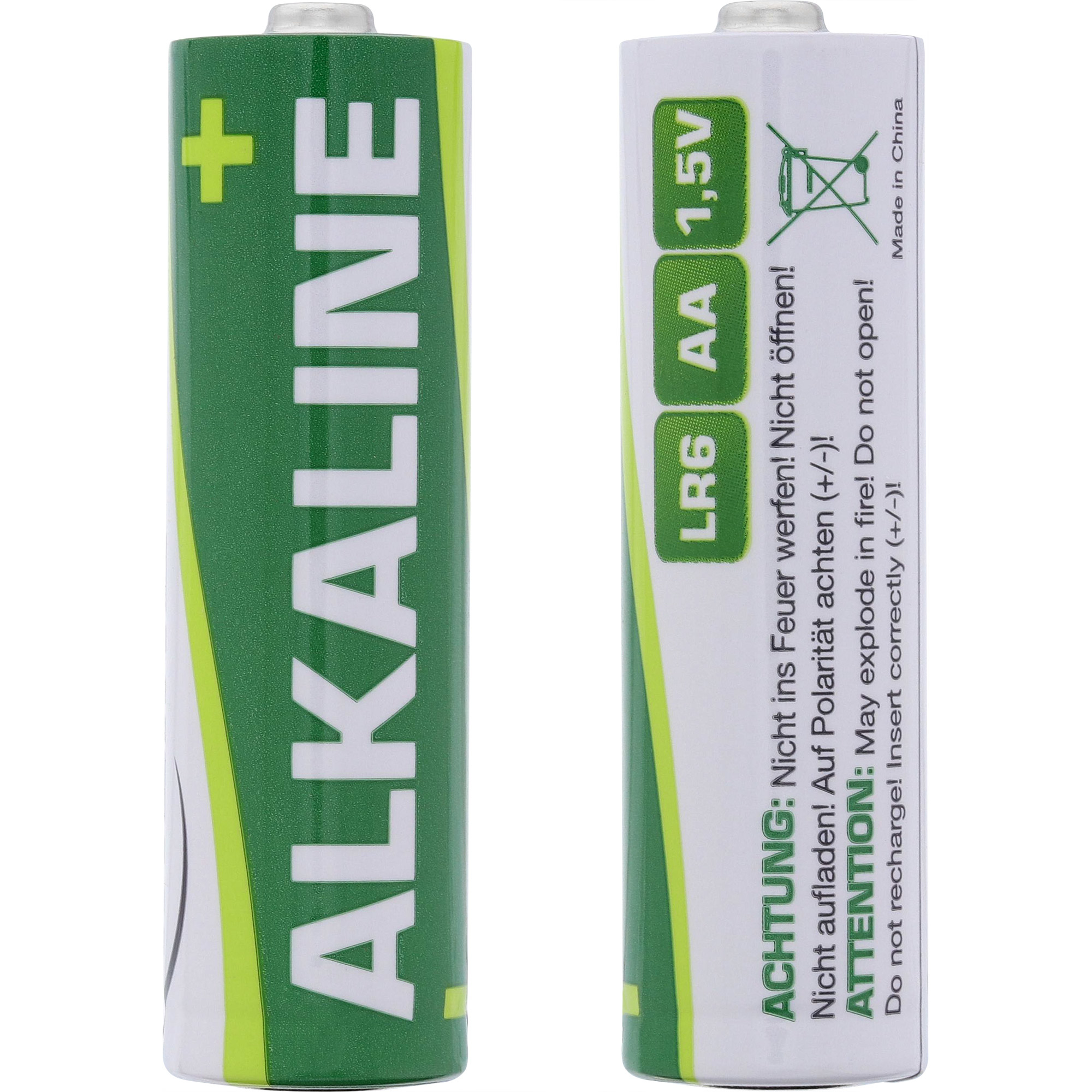 Due batterie alcaline AA, verde e bianco. Il testo dice 'ALCALINA'. Etichette di avvertenza sul lato.