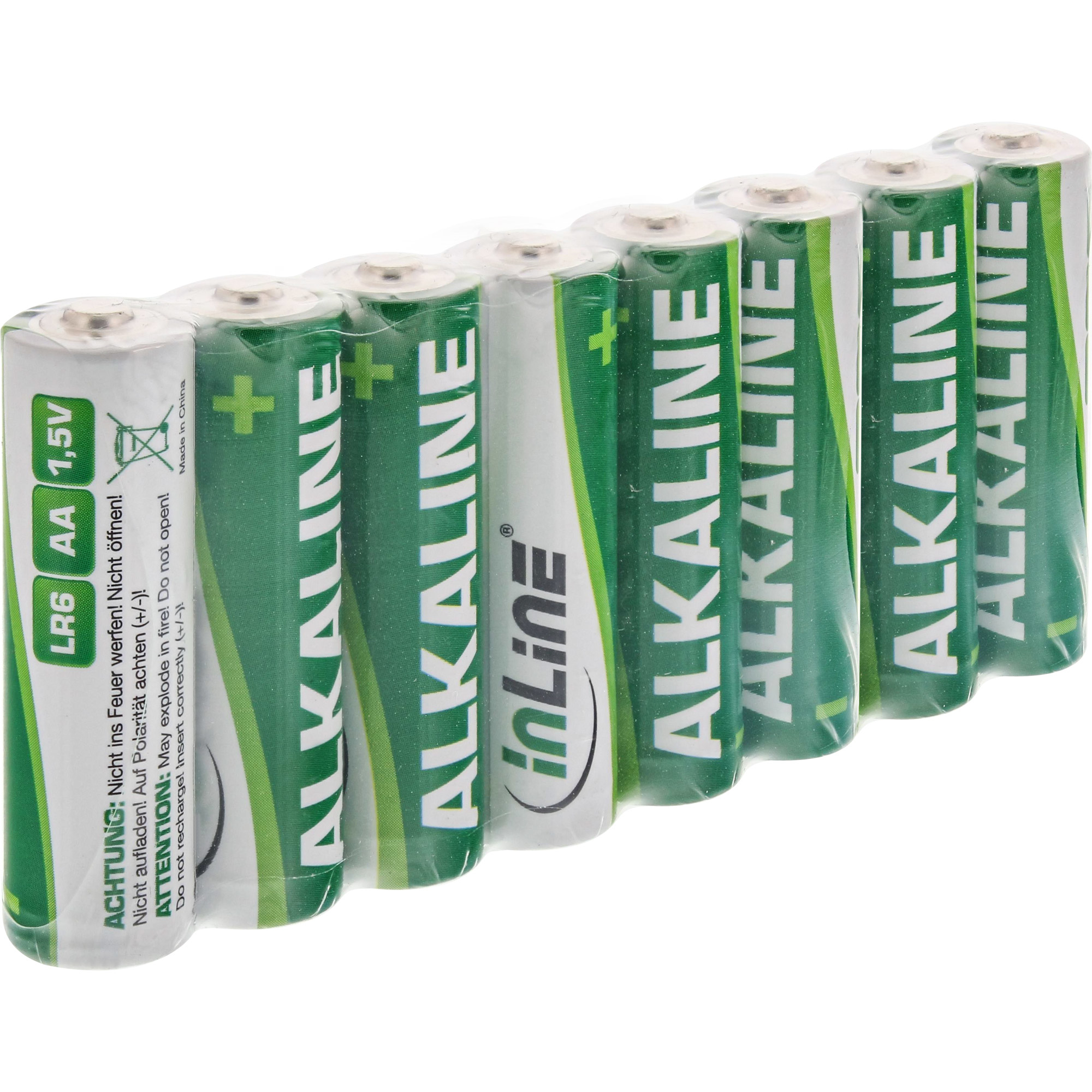 Otto batterie alcaline AA in confezione di plastica. La confezione ha un design verde e bianco con etichette di avvertimento.