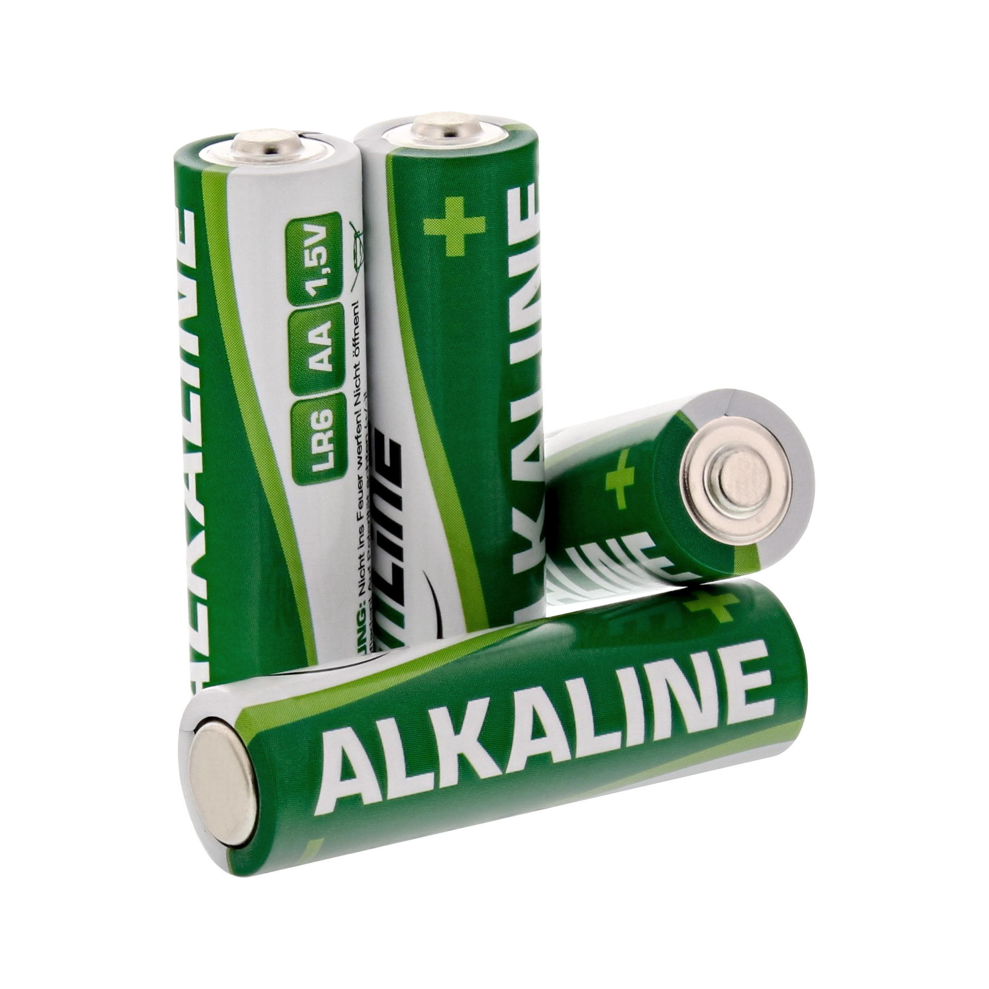 Quattro batterie alcaline AA, verde e bianco. Il testo dice 'ALCALINA'. Batterie disposte sulla superficie.