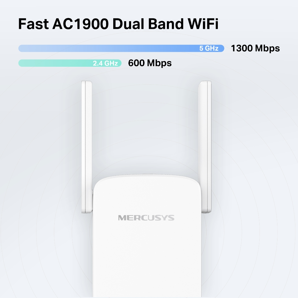 Biały wzmacniacz Wi-Fi Mercusys z dwiema antenami. Białe tło, linie graficzne.