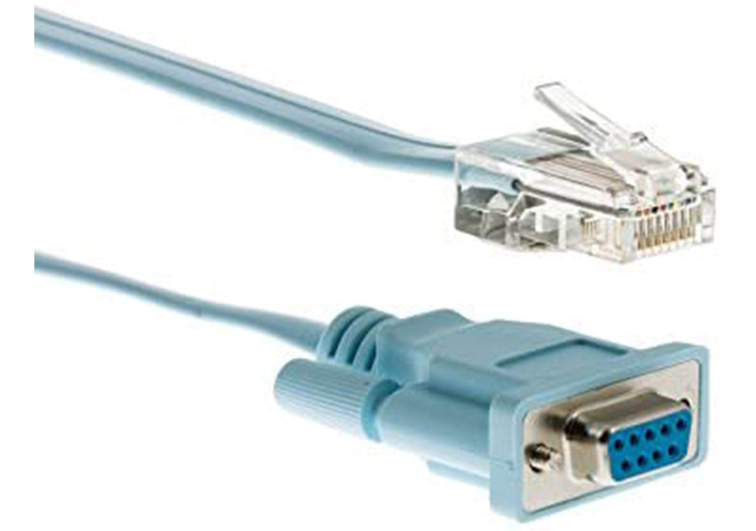 Cavo azzurro con connettore seriale ed Ethernet, sfondo bianco.