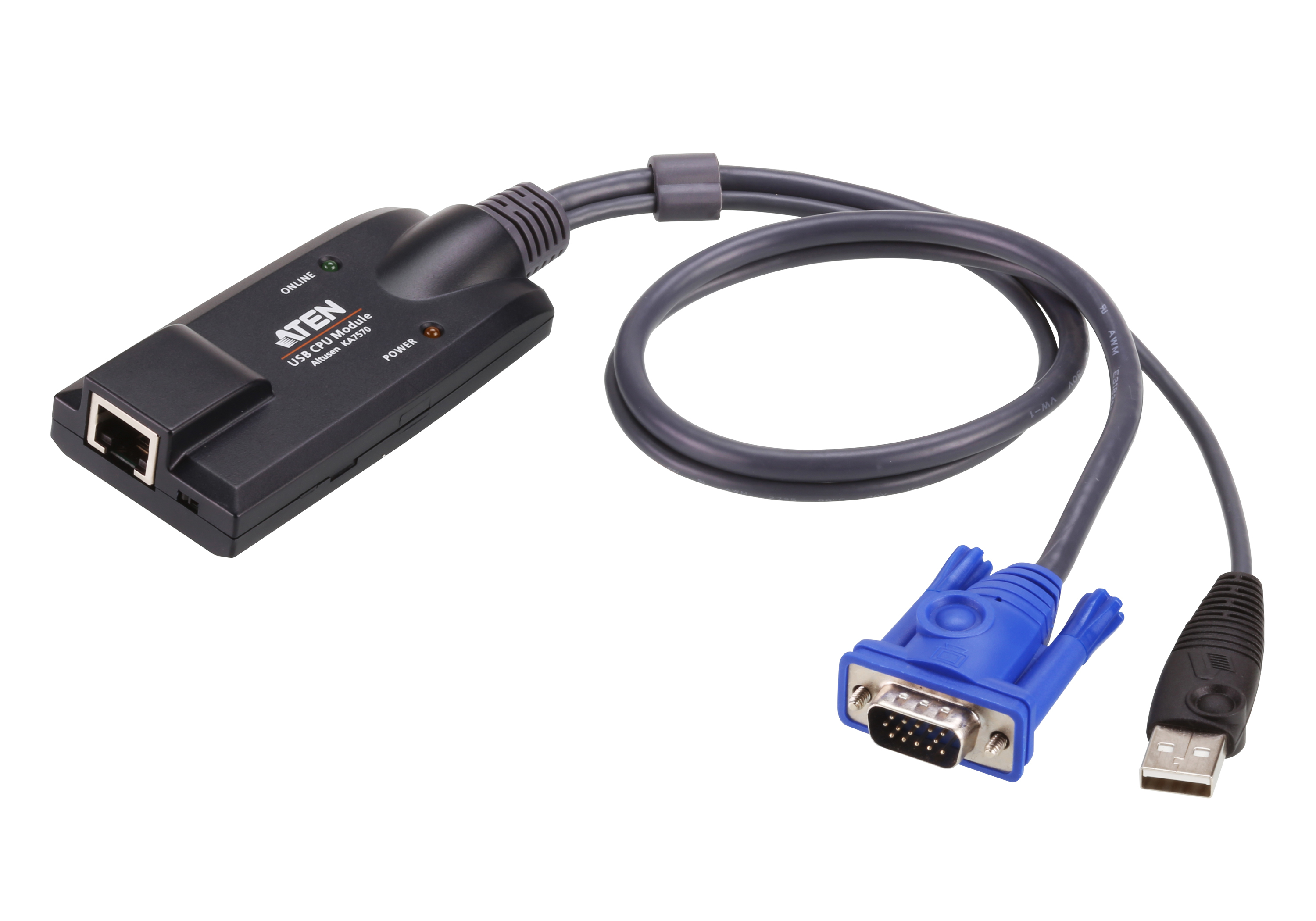 Un modulo CPU USB ATEN nero con porta VGA, porta USB e porta di rete.