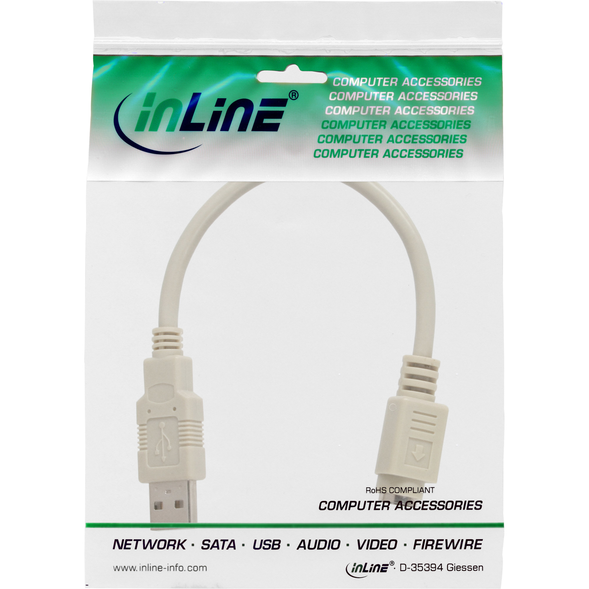 Transparente Plastiktüte mit einem USB-Kabel. Die Tüte trägt den Aufdruck: Computerzubehör.