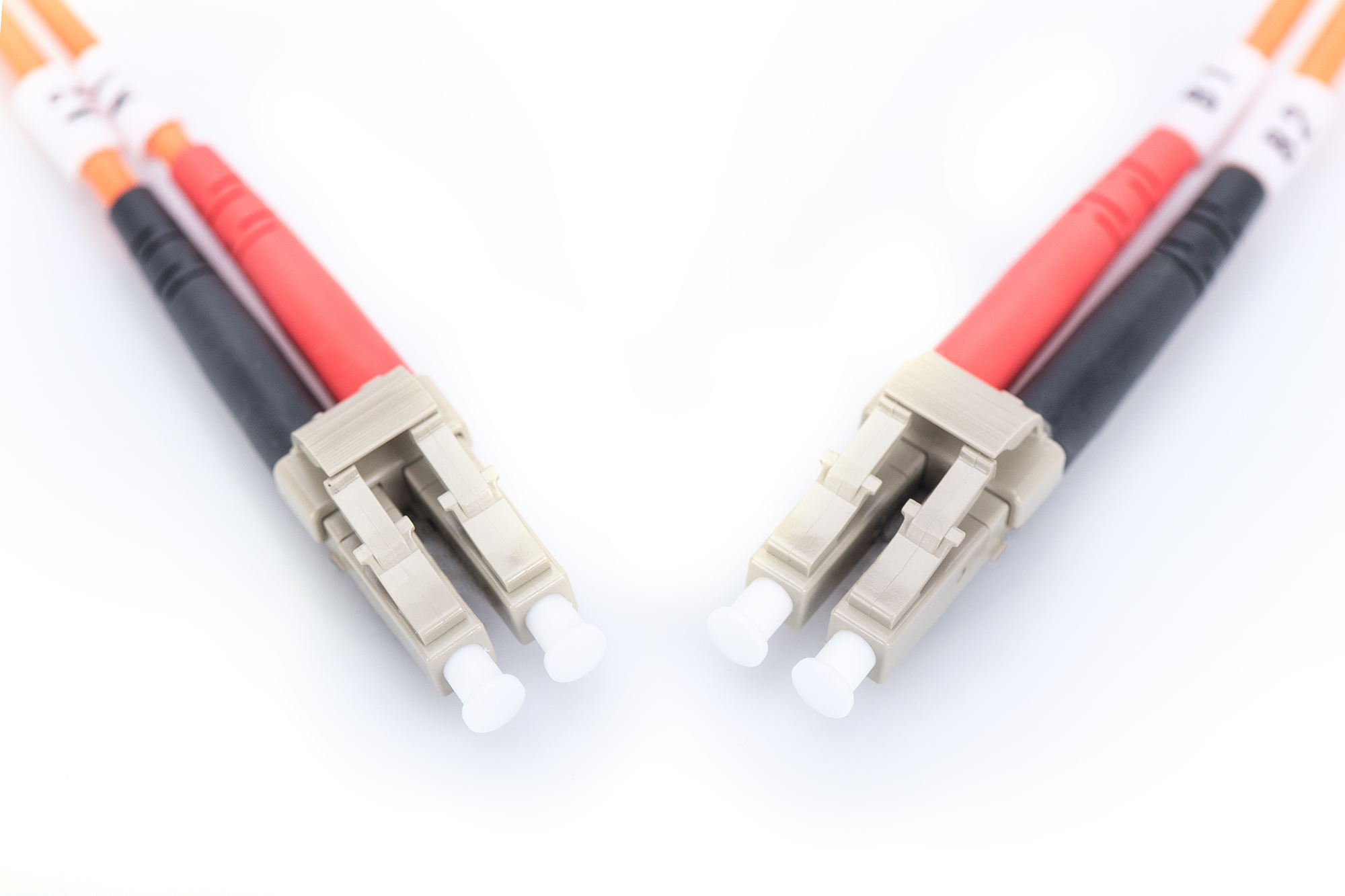 Due cavi in fibra ottica con connettori bianchi e guaina nera/rossa, su sfondo bianco.