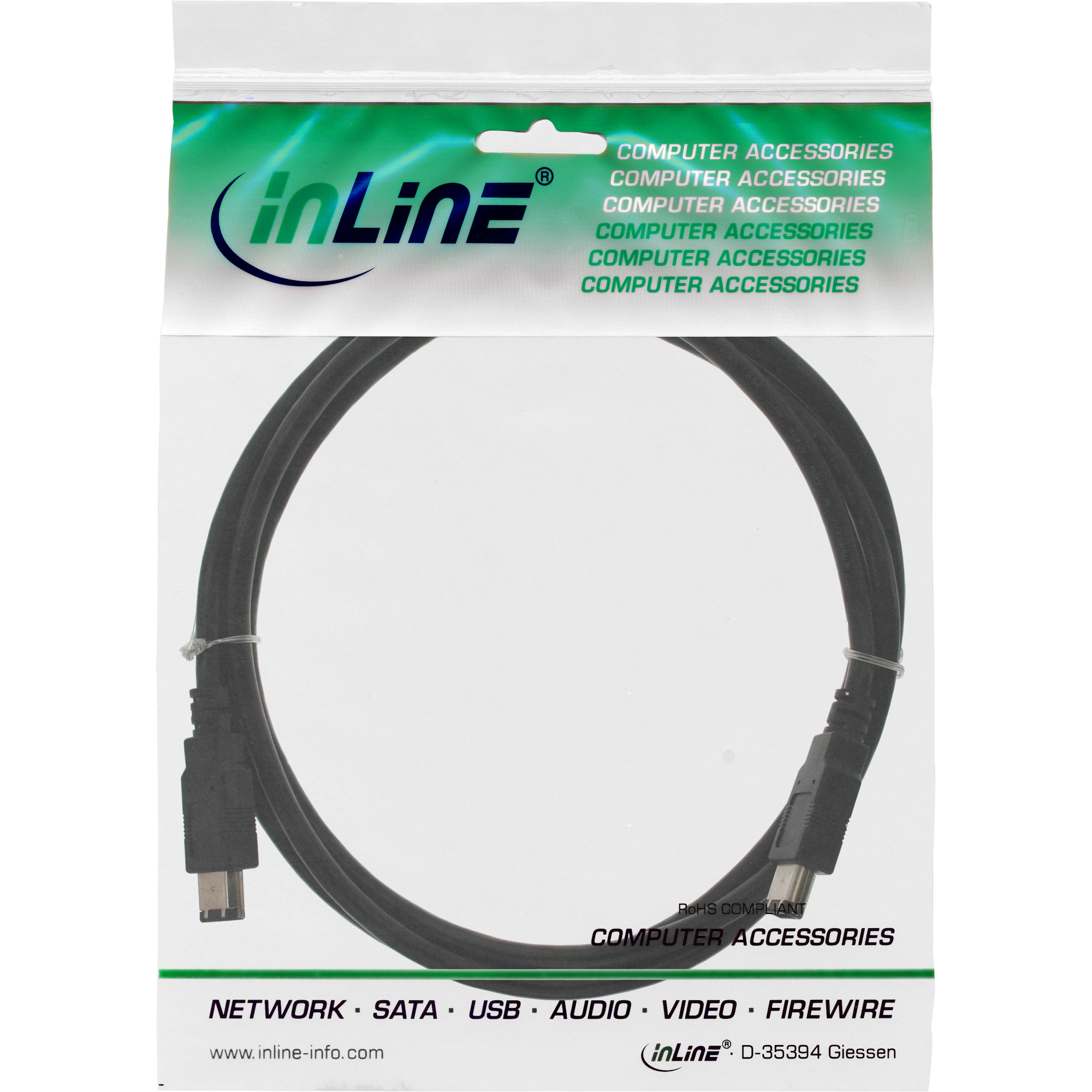 Schwarzes USB-Kabel in einer durchsichtigen Plastikverpackung. Enthält Text und das Inline-Logo.