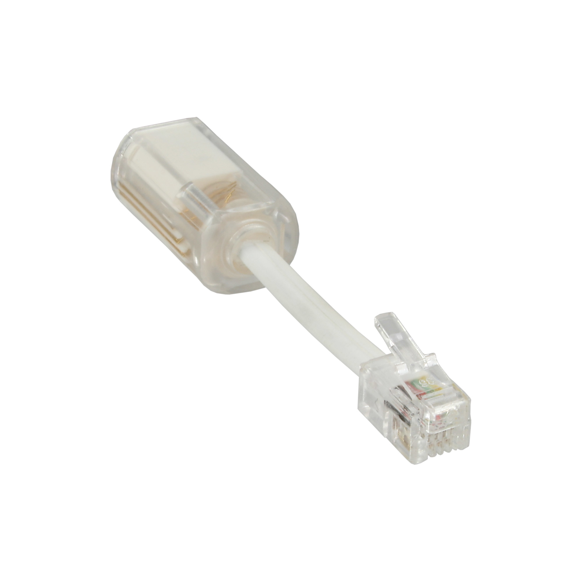 Transparenter Telefonleitungsadapter mit weißem Kabel und Stecker, leicht angewinkelt.