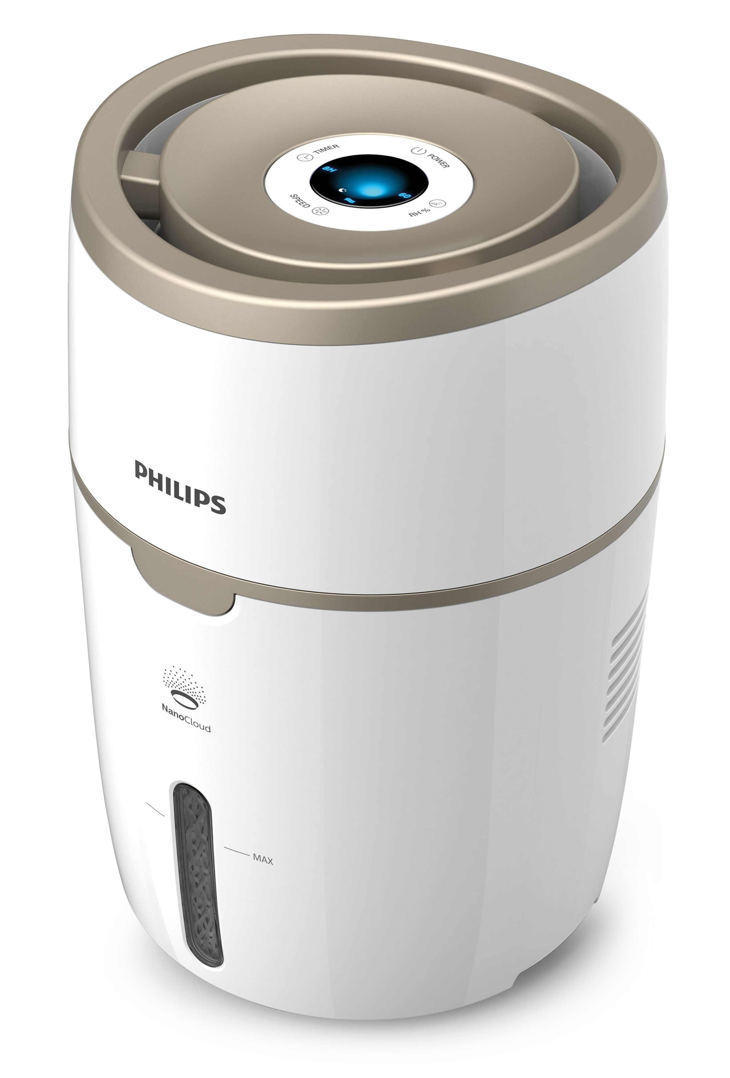 Purificador de aire Philips blanco y dorado. Controles superiores visibles. Fondo blanco.