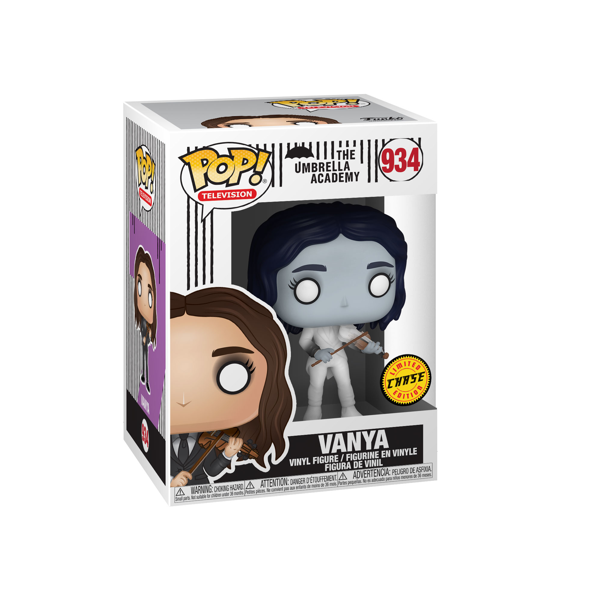 Eine Funko Pop!-Box von Vanya aus The Umbrella Academy. Die Figur ist weiß mit dunklem Haar und einer Geige.
