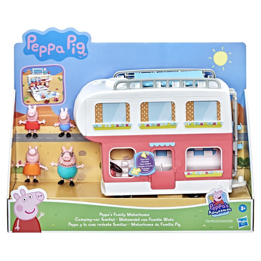 Peppa Wutz Spielzeugset eines rosa-weißen Wohnmobils mit Peppa Wutz Figuren. Die Verpackung zeigt das Wohnmobil.