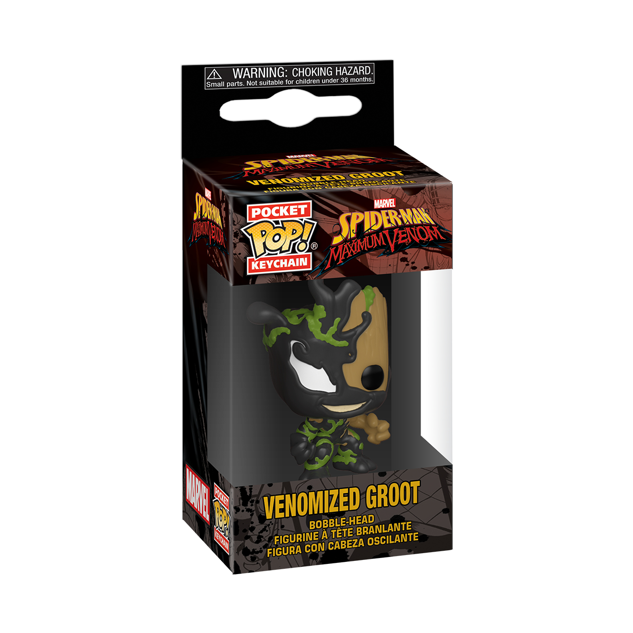 Ein Venomized Groot Pocket Pop! Wackelkopf-Schlüsselanhänger in einer Box, in Schwarz, Grün und Braun.