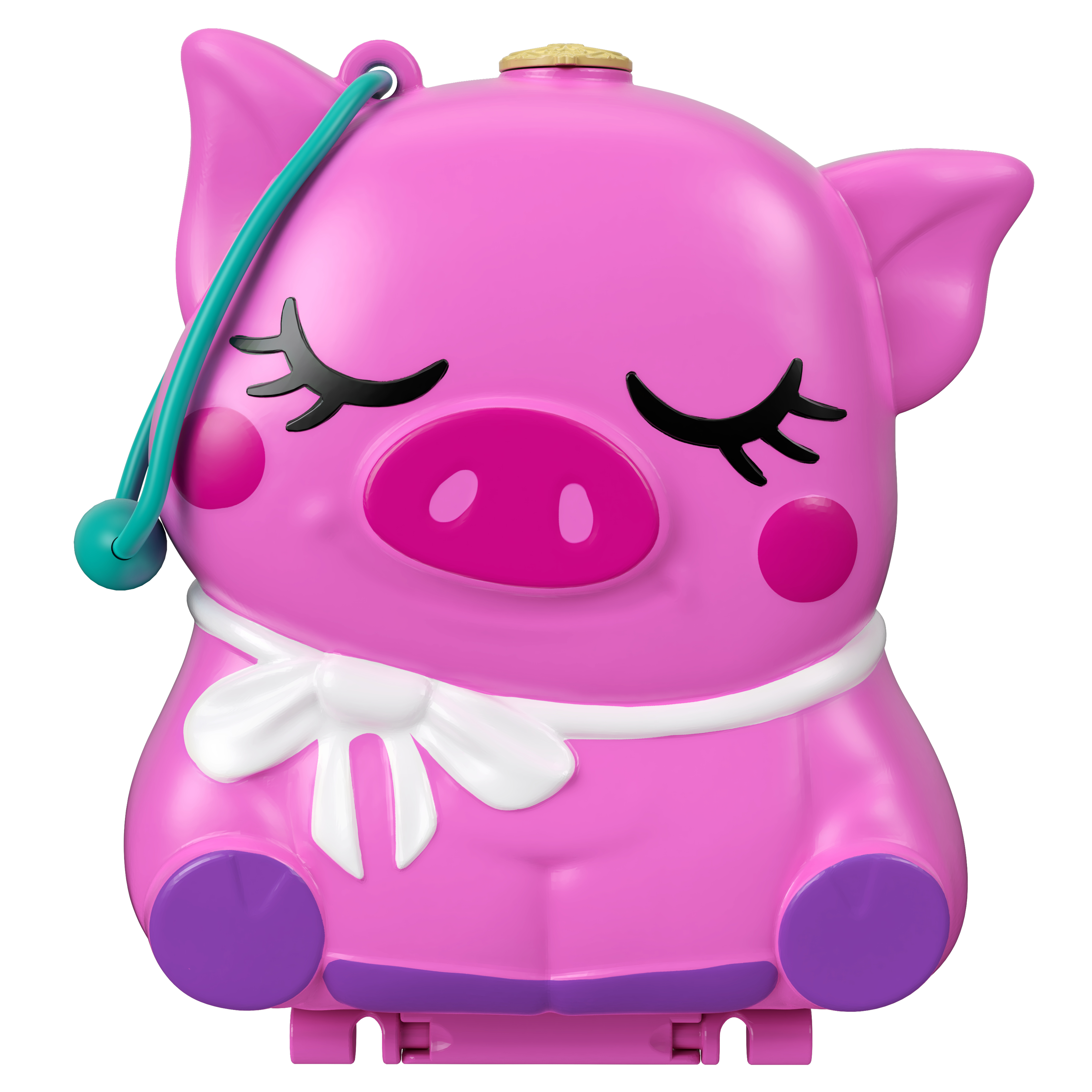 Ein rosa schwein-förmiges Spielzeug mit geschlossenen Augen, einer Schleife und einem türkisfarbenen Griff.