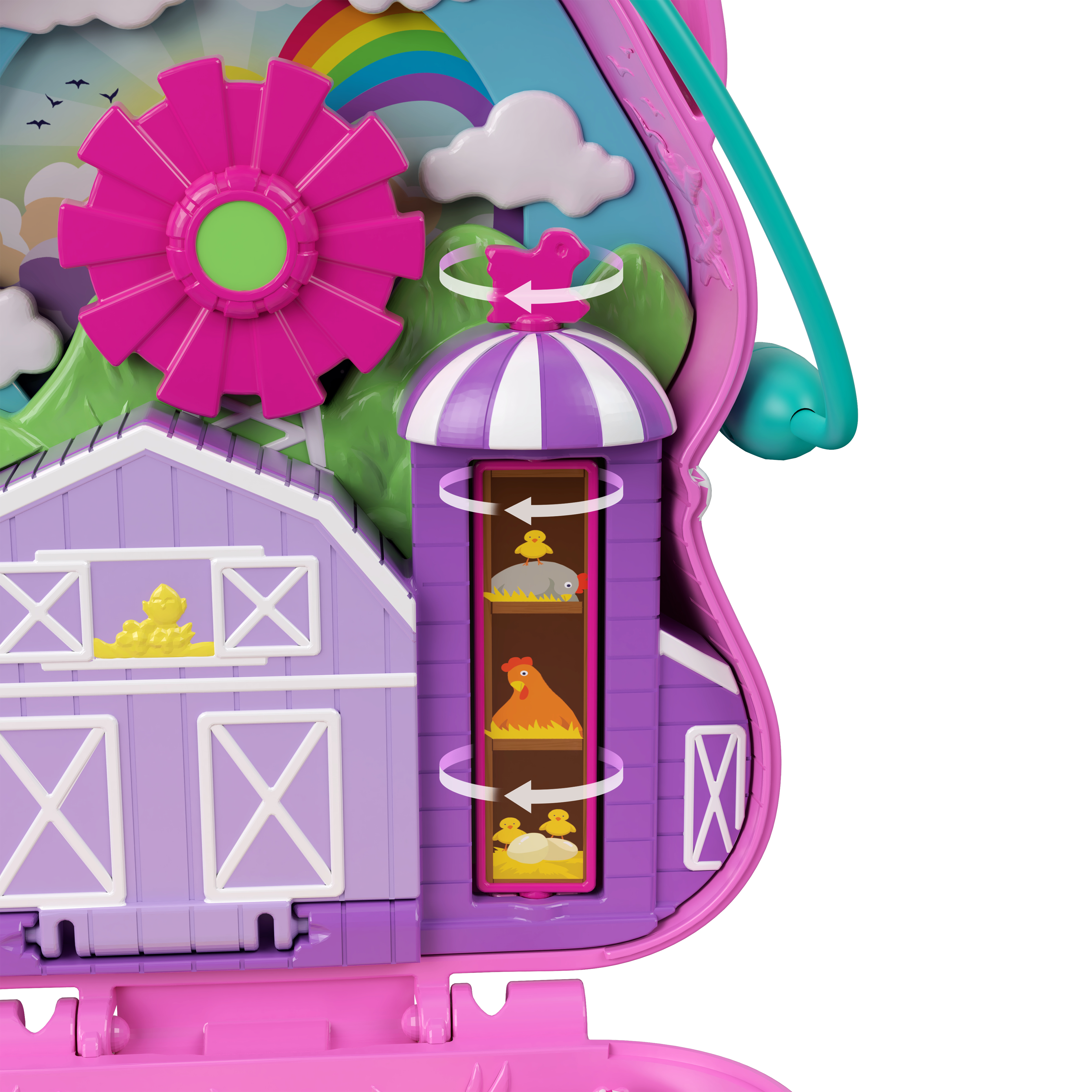 Ein rosa Spielzeugbauernhof mit einem blütenförmigen Zahnrad und einem Regenbogenhintergrund.