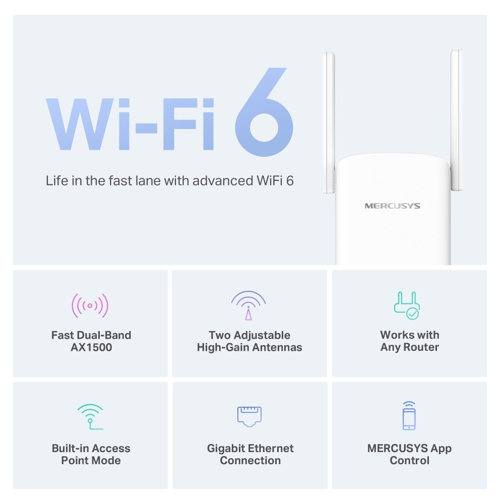 Biały wzmacniacz Wi-Fi Mercusys z tekstem o funkcjach i Wi-Fi 6.