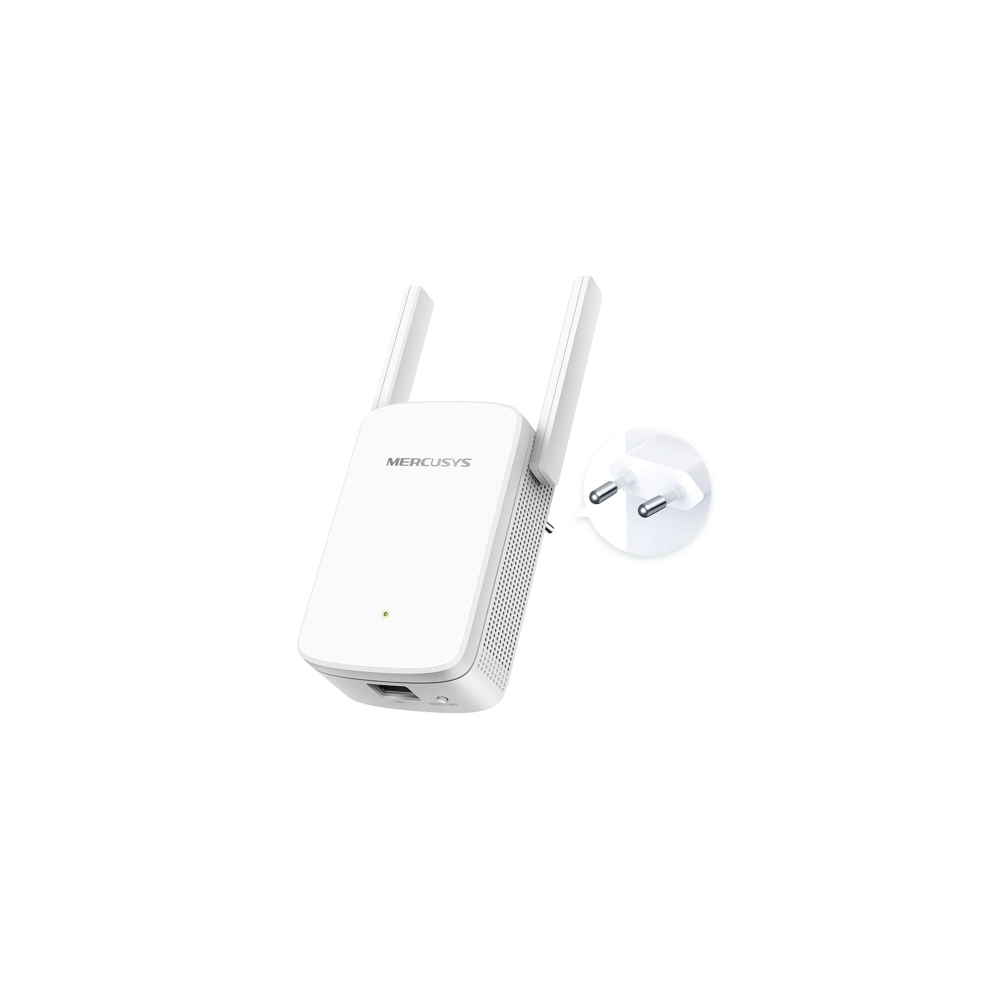 Extensor de alcance WiFi Mercusys blanco, dos antenas arriba. Enchufe y adaptador de corriente visibles.