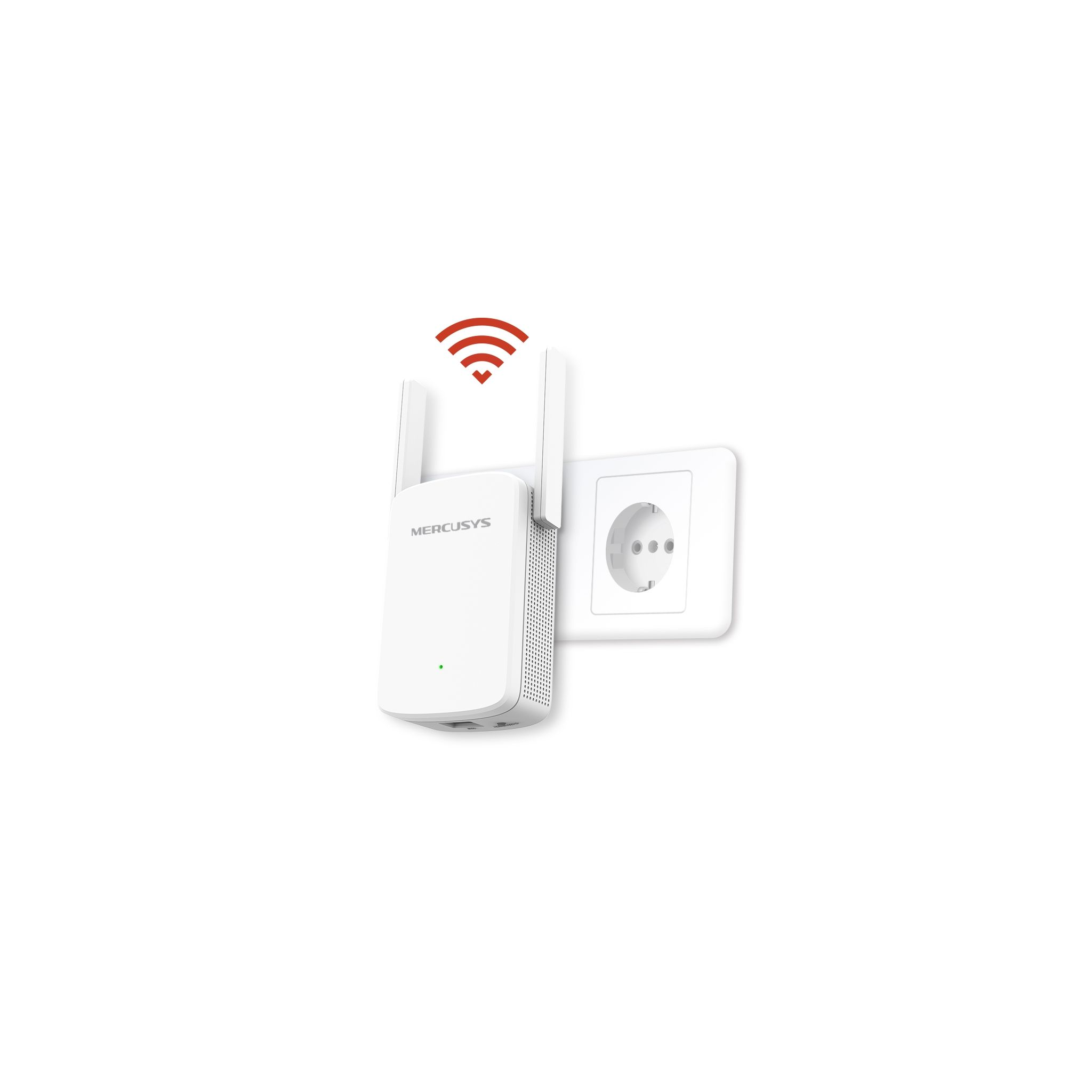 Extensor de alcance WiFi Mercusys blanco enchufado a un enchufe de pared. Icono de señal WiFi presente.