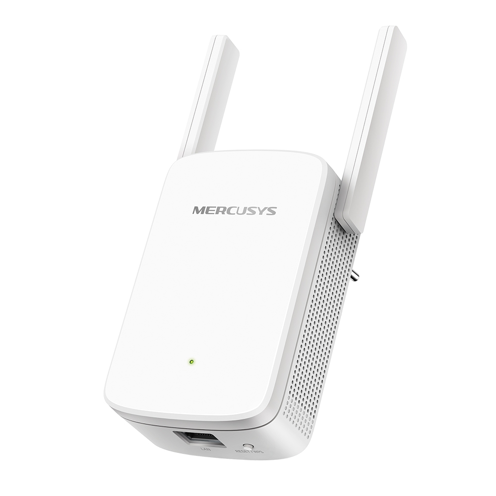 Extensor de alcance WiFi Mercusys blanco, vista en ángulo. Dos antenas arriba, luz verde frontal.