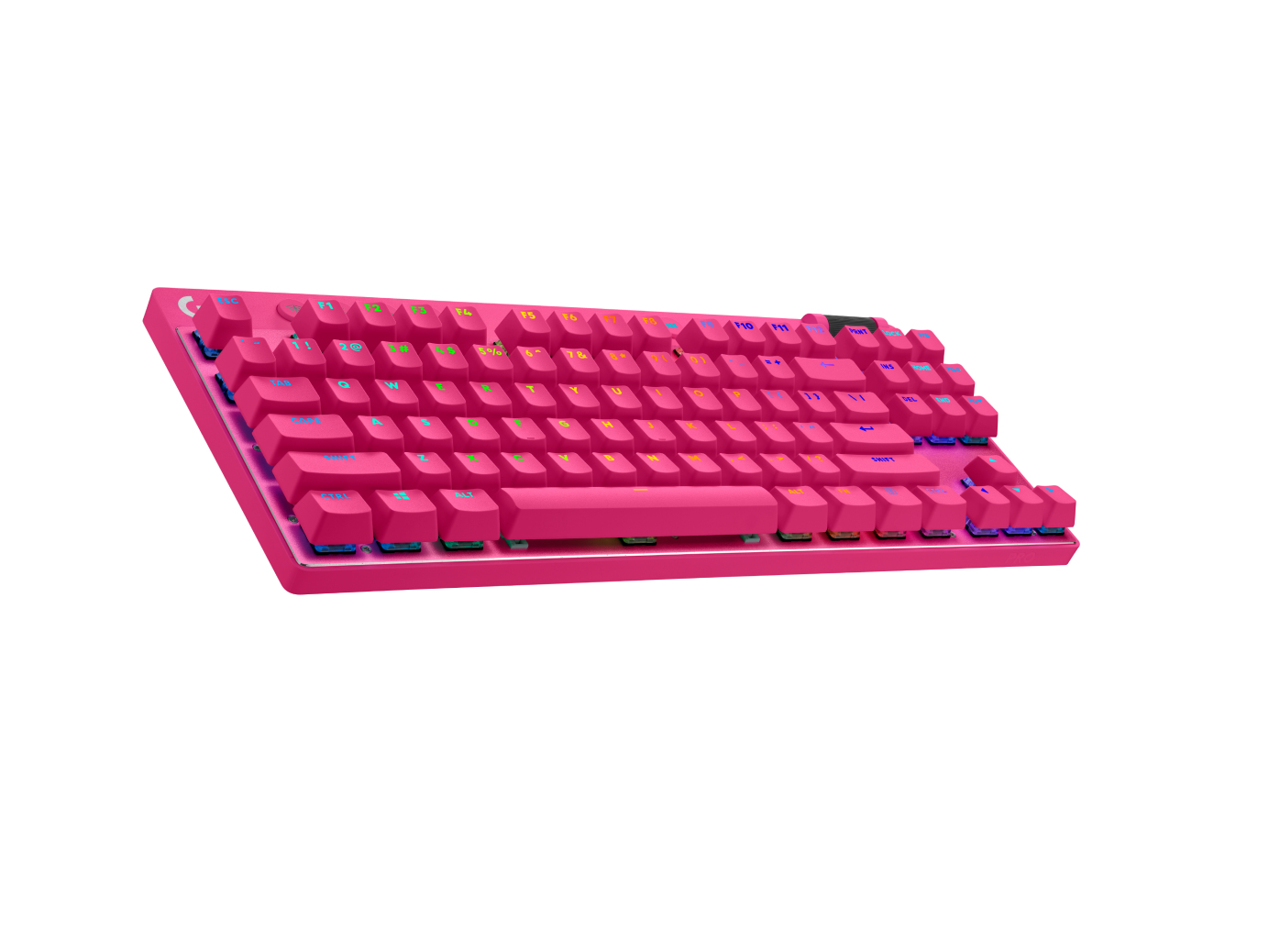 Teclado rosa en superficie blanca, teclas retroiluminadas arcoíris.