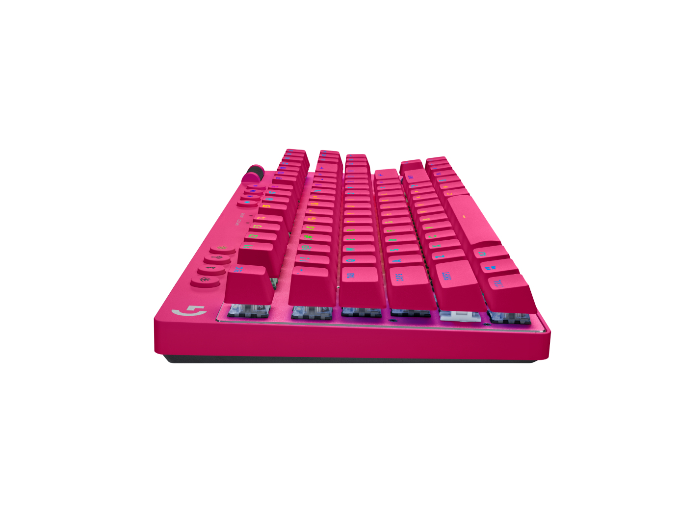 Tastiera meccanica rosa su sfondo bianco. Vista laterale, tasti visibili.