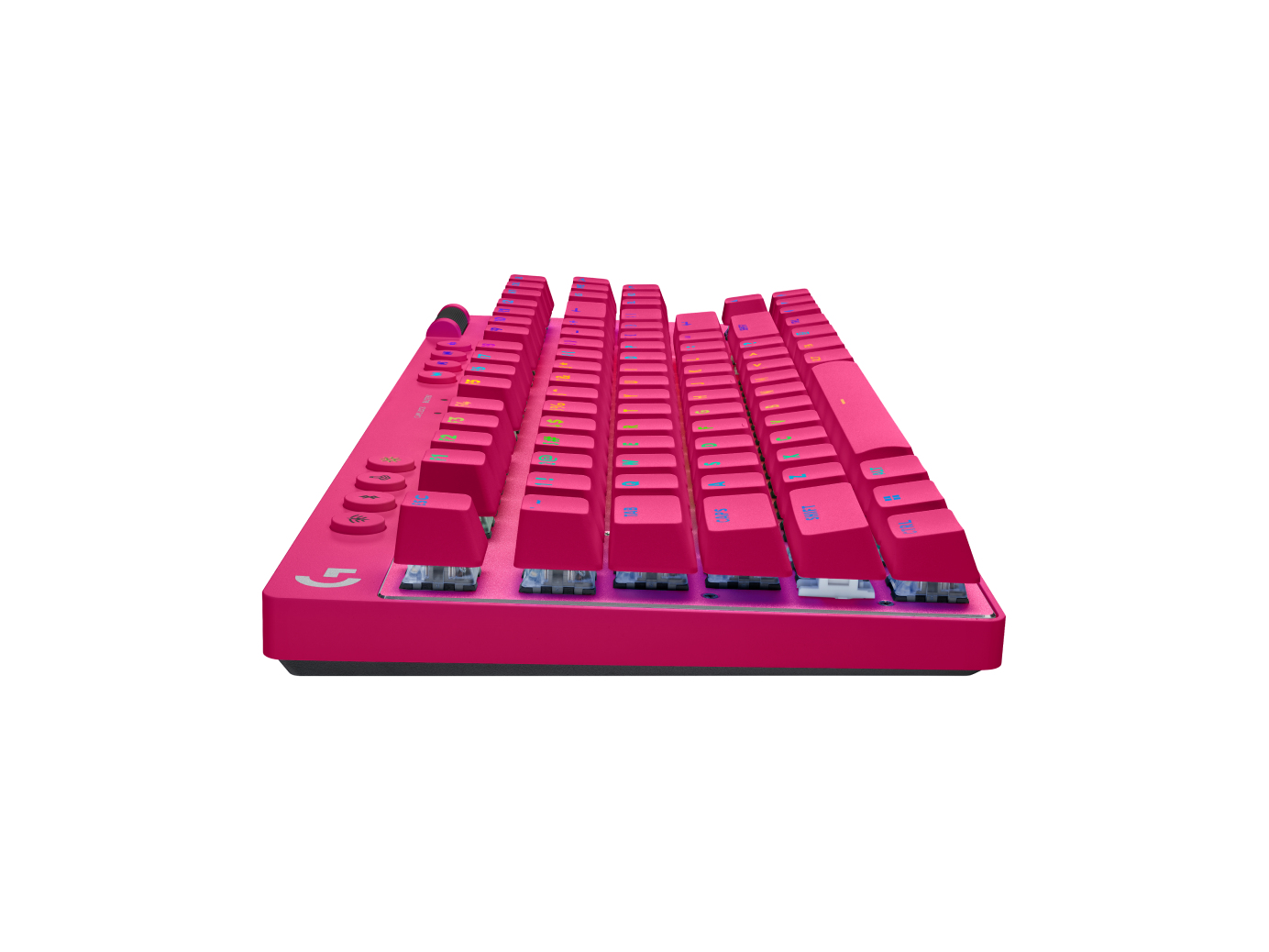 Tastiera meccanica rosa su sfondo bianco. Vista laterale, tasti visibili.
