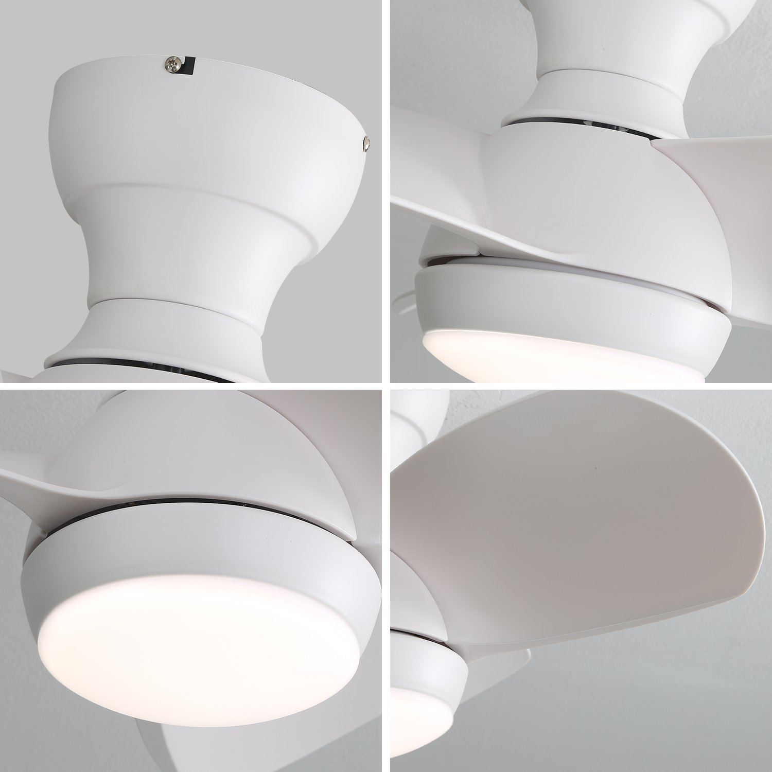 Vier detaillierte Ansichten eines weißen Deckenventilators mit LED-Leuchten, Design.