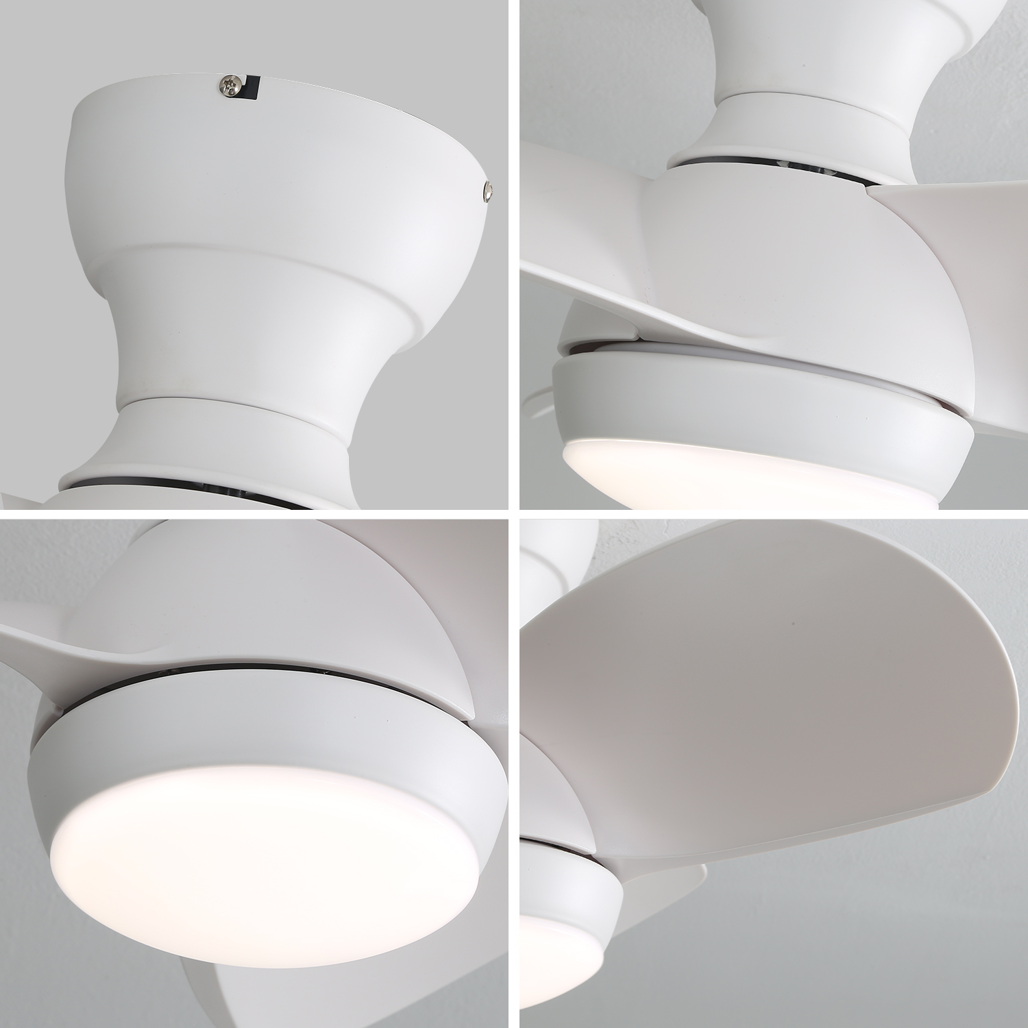 Nahaufnahmen eines weißen Deckenventilators mit Flügeln, Leuchte und Befestigungsdetails.