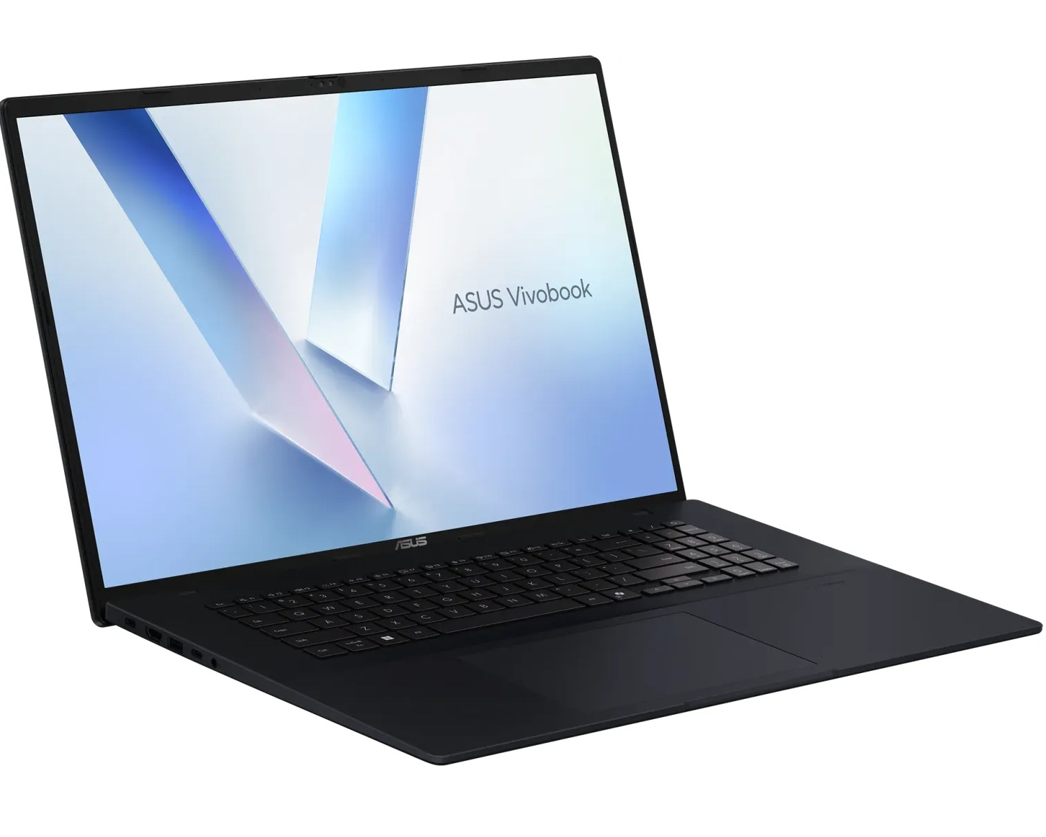 Ein schwarzer Laptop mit ASUS Vivobook auf dem Bildschirm. Der Bildschirm zeigt ein weißes und blaues Muster.