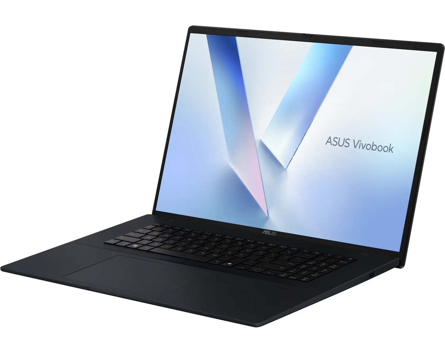 Schwarzer Laptop, geöffnet, auf weißer Oberfläche. Der Bildschirm zeigt ein weißes und blaues Design.