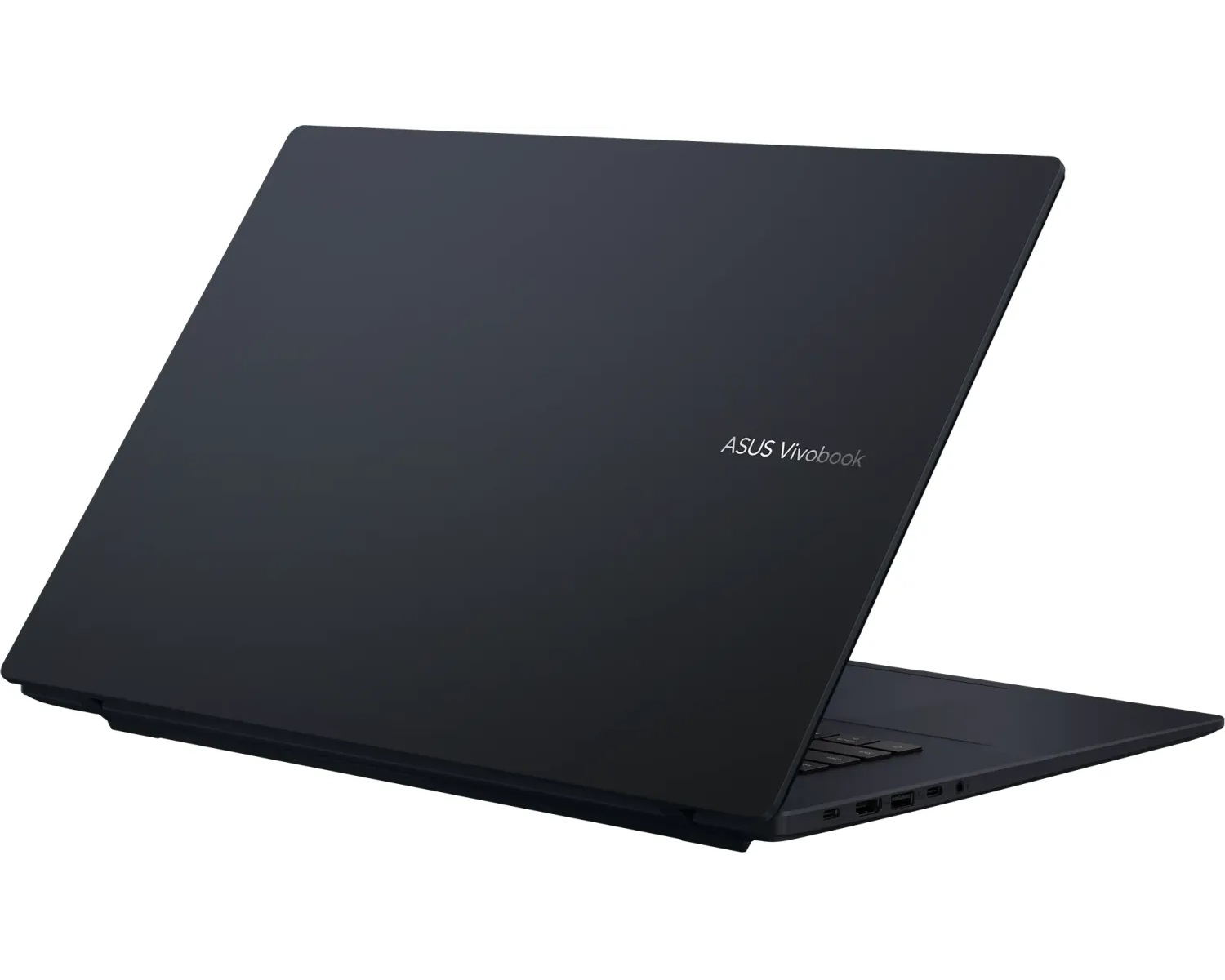 Schwarzer Laptop-Computer, Rückansicht, mit dem ASUS Vivobook-Logo sichtbar.