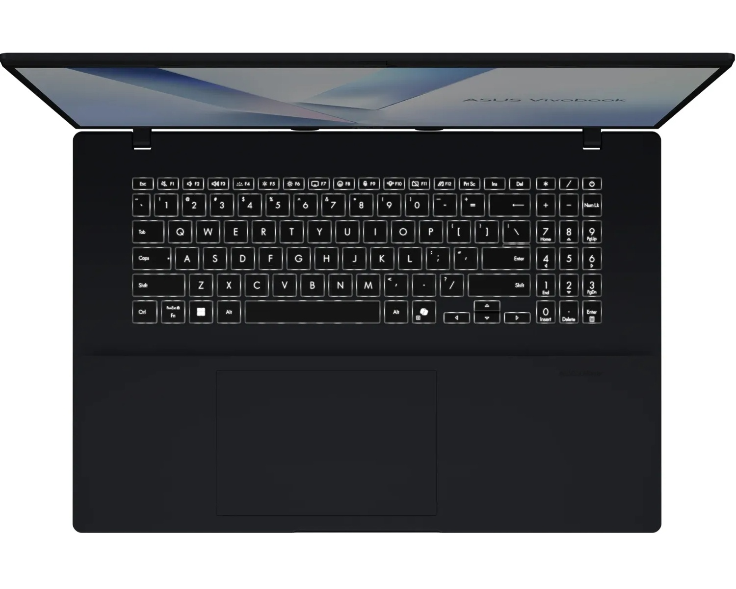 Eine Draufsicht auf einen schwarzen Laptop mit beleuchteten Tastaturtasten und einem Trackpad.
