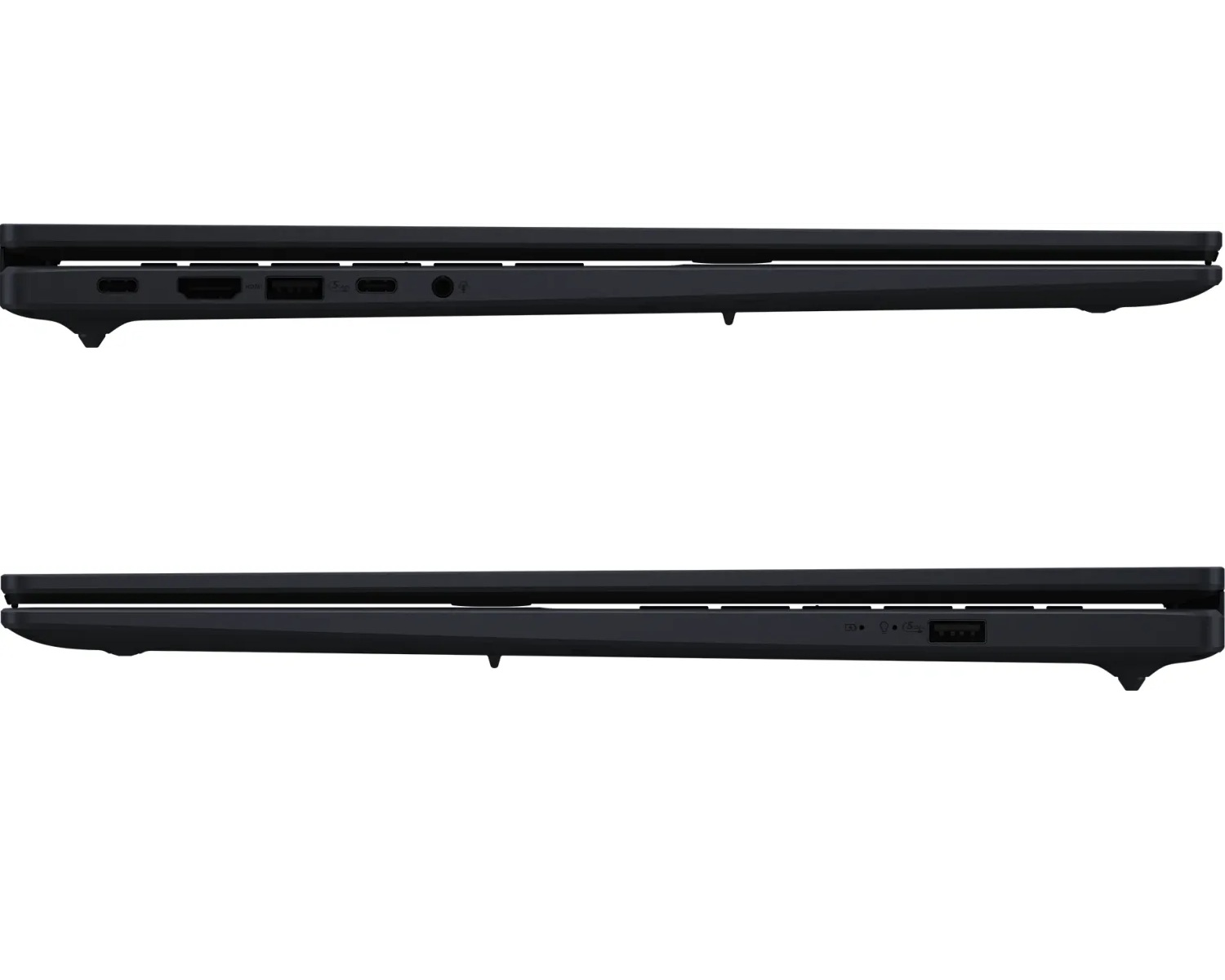 Zwei schwarze Laptops, Seitenansicht, mit Anschlüssen und geschlossenem Deckel.