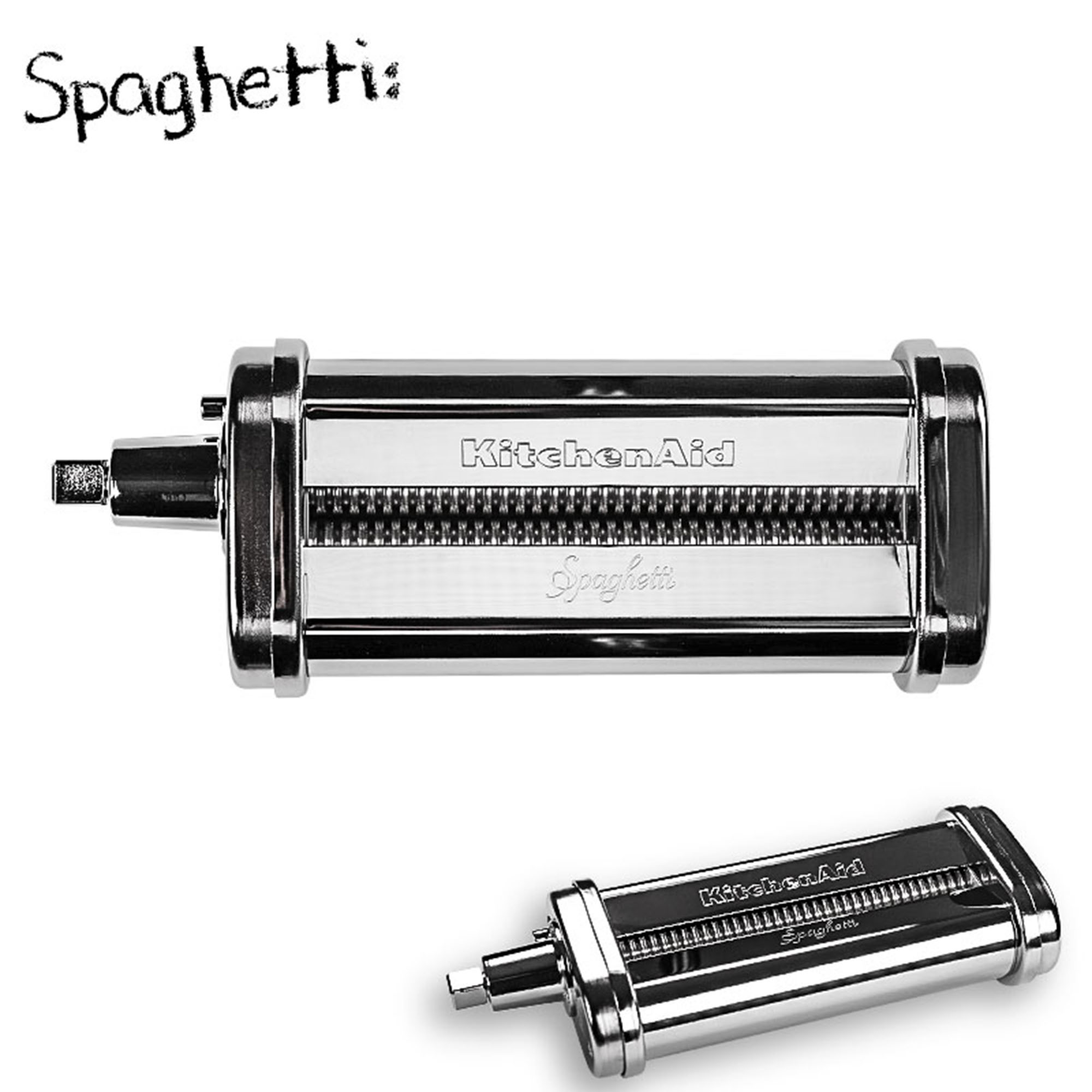 KitchenAid-Nudelmaschine für Spaghetti-Nudeln, mit zwei Ansichten.