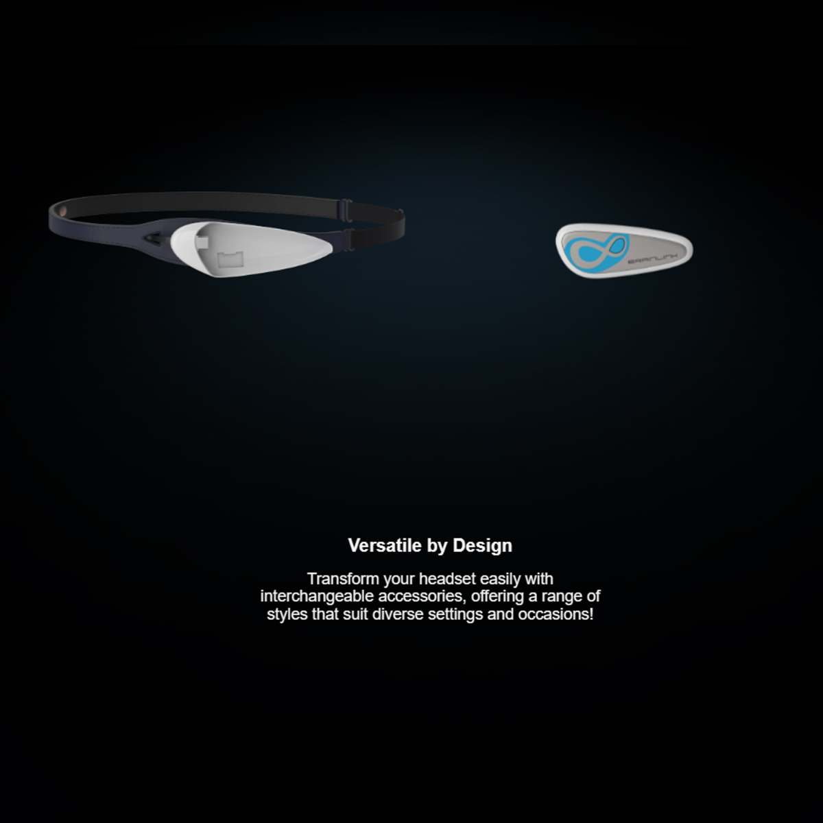 Stirnband und abgetrennter Sensor auf schwarzem Hintergrund, Text 'Versatile by Design'.