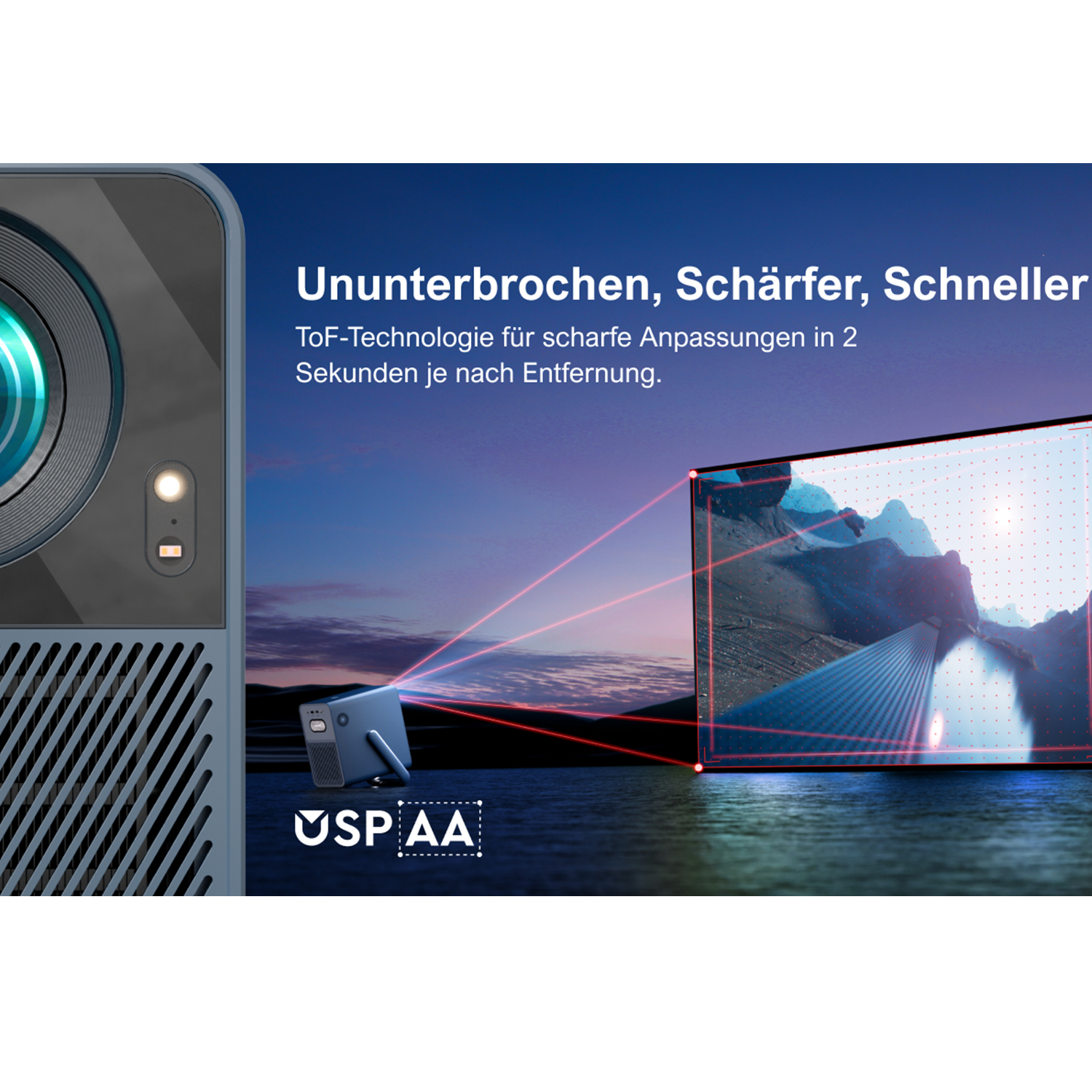 Ein Projektor mit Text: Ununterbrochen, Schärfer, Schneller. Er projiziert rote Linien auf eine Leinwand. Der Hintergrund ist dunkel.