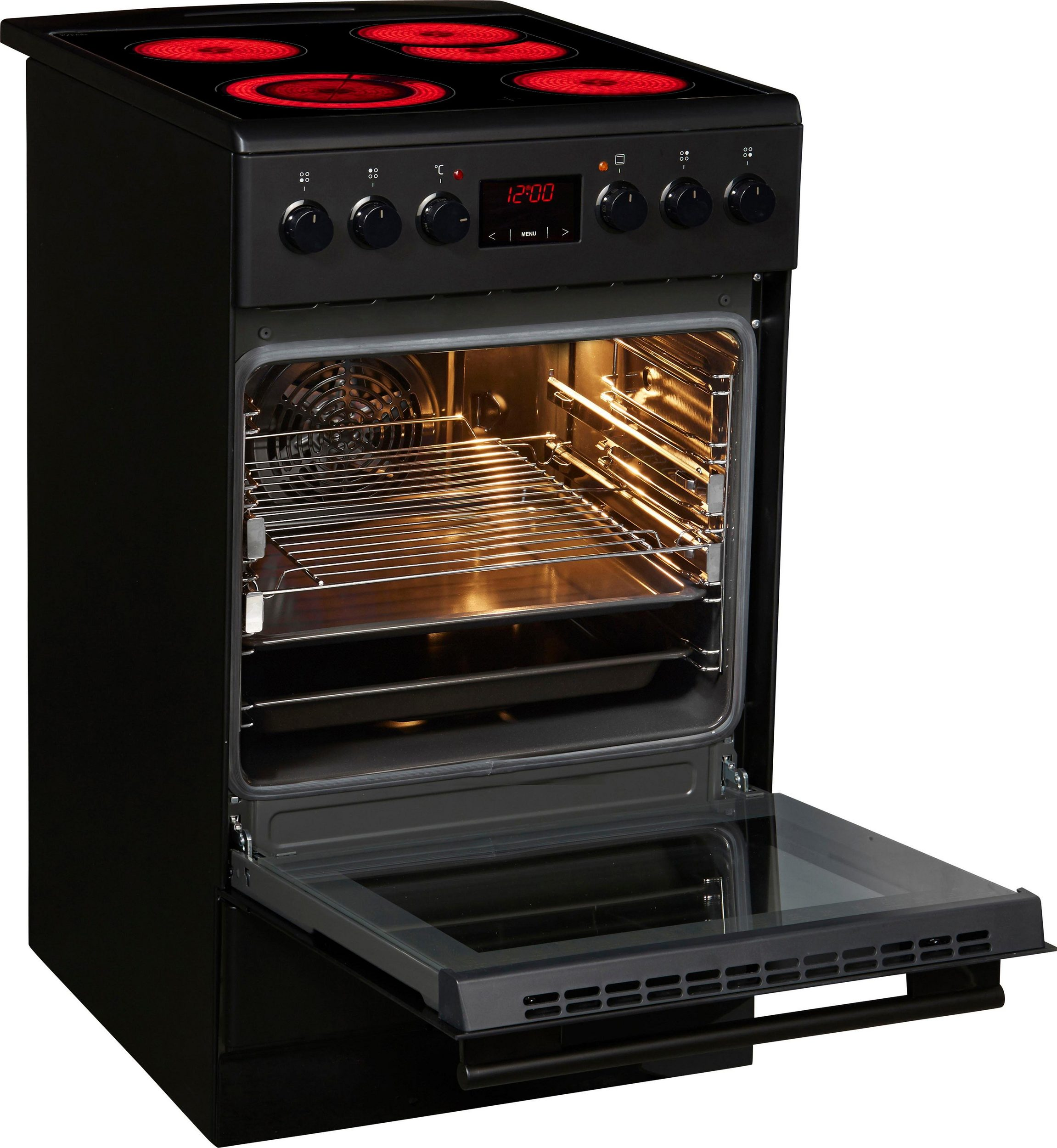 Schwarzer Backofen mit geöffneter Tür, Innenraum mit Rosten und Bedienfeld zeigend.