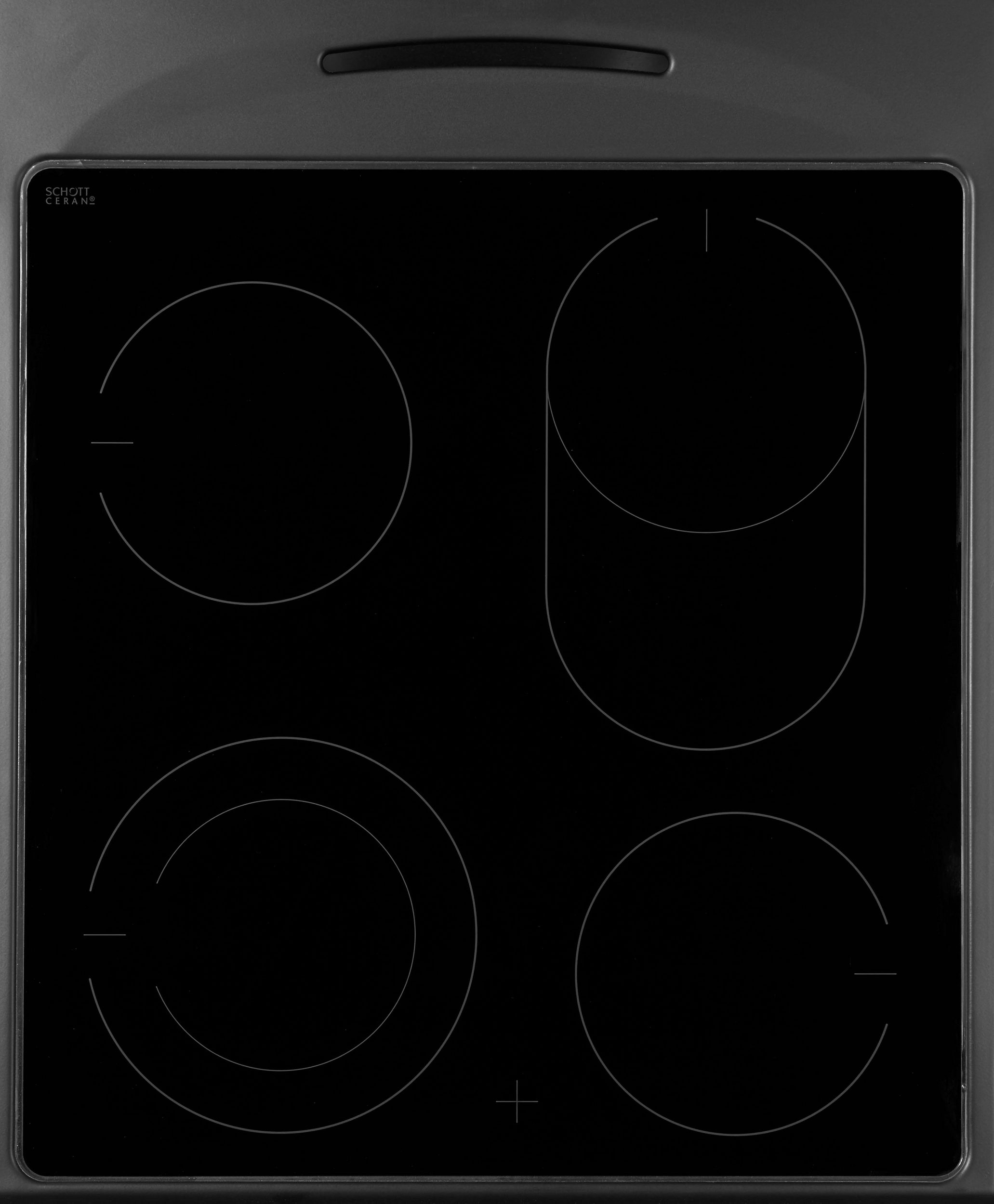 Ein schwarzes Ceranfeld mit vier kreisförmigen Kochzonen und einem Plus-Symbol.
