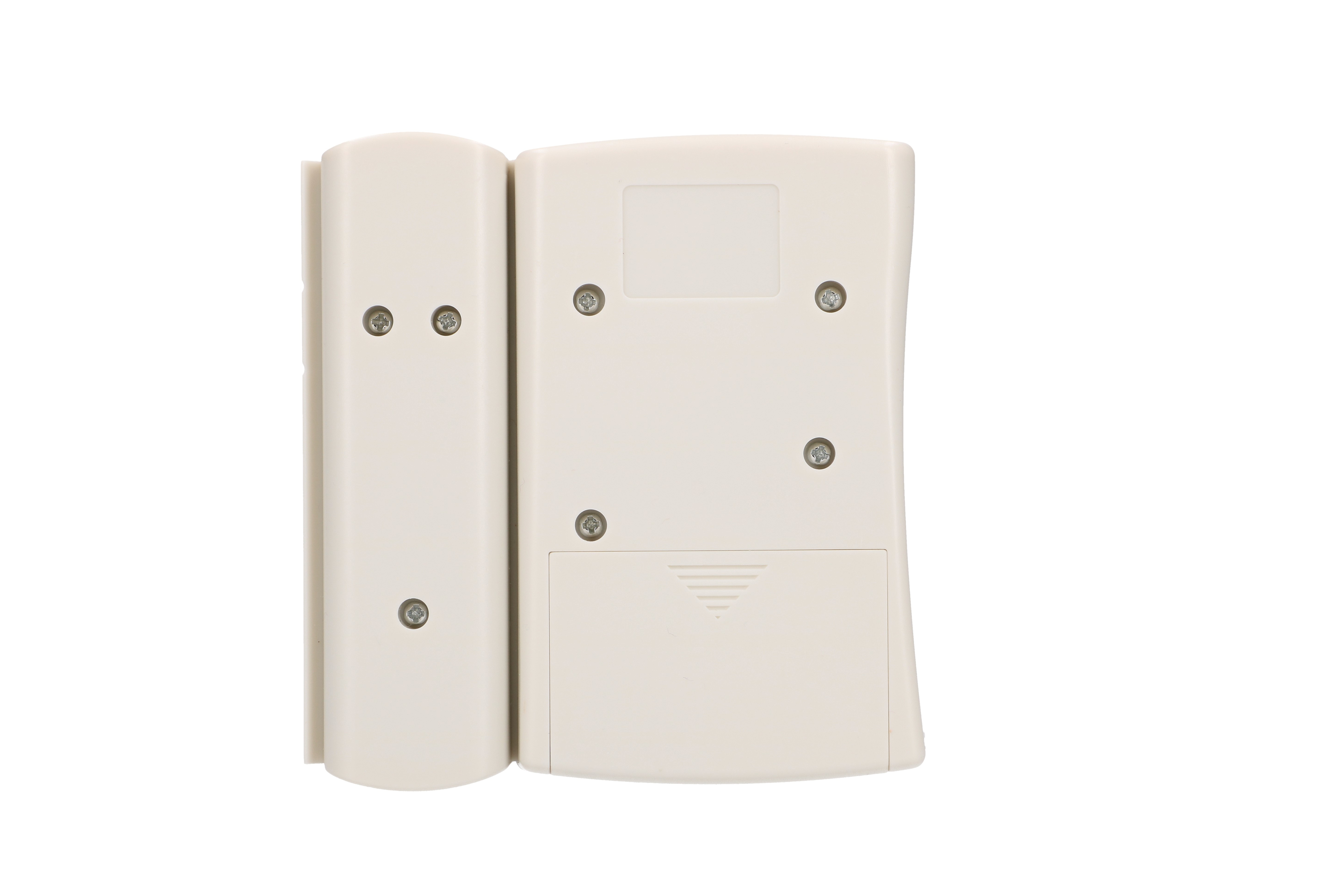 Beżowe urządzenie z długą prostokątną częścią i mniejszą z boku, z wkrętami.