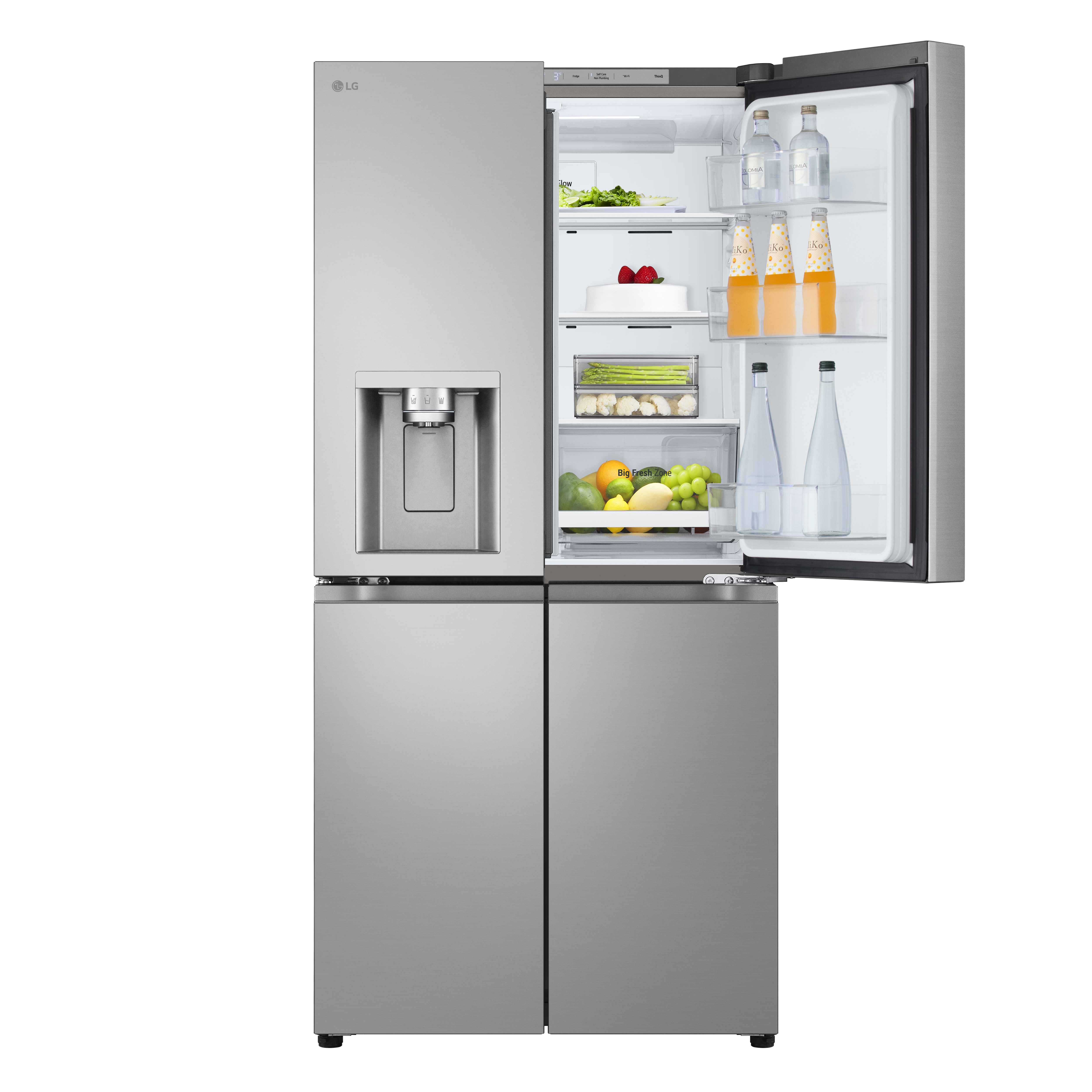 LG Kühlschrank, silberfarben mit vier Türen. Die Türen sind geöffnet, zeigen Lebensmittel und Lagerung.