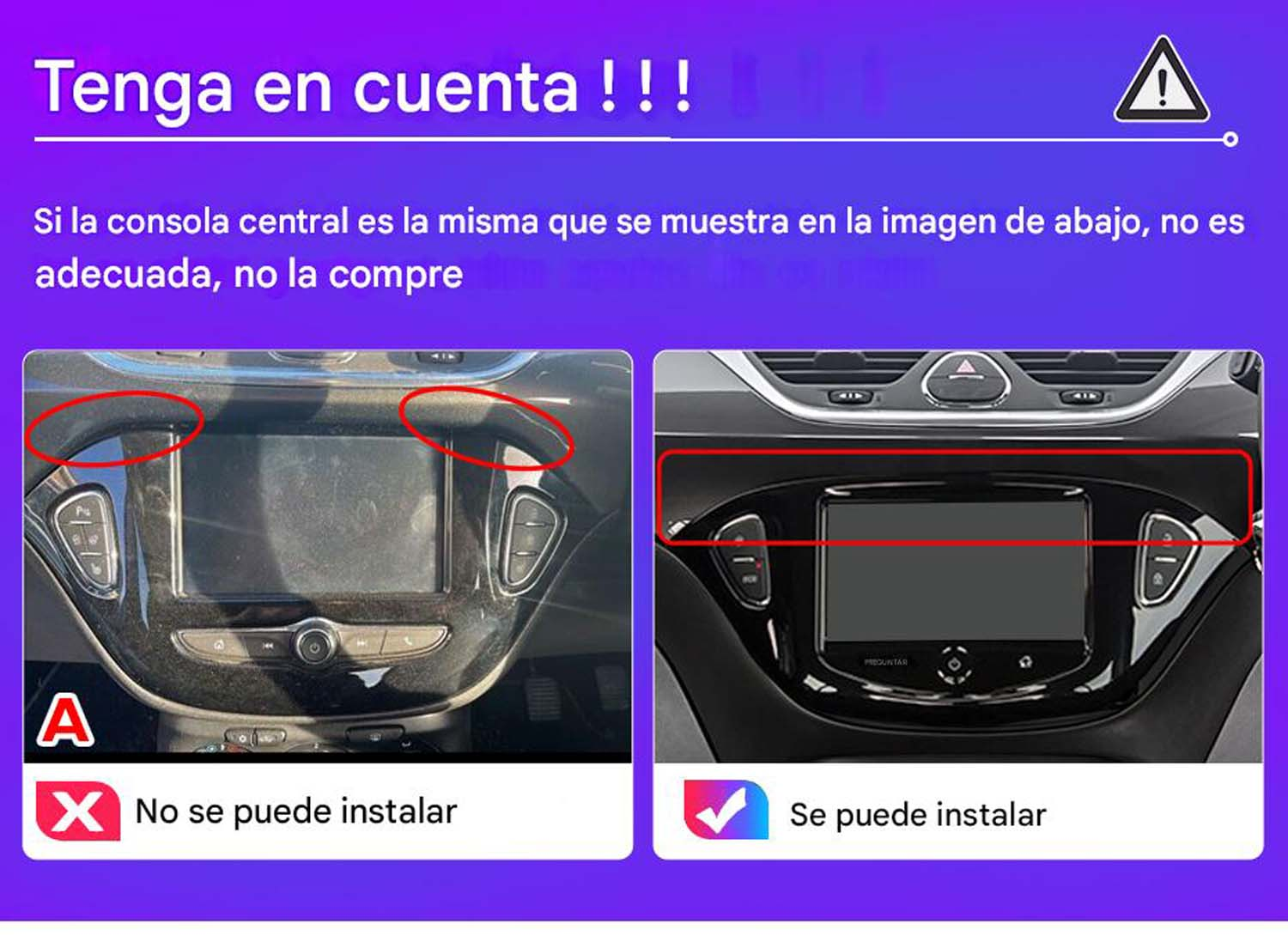 Comparación del salpicadero del coche. Un lado no es adecuado, el otro es instalable, con círculos rojos y azules.