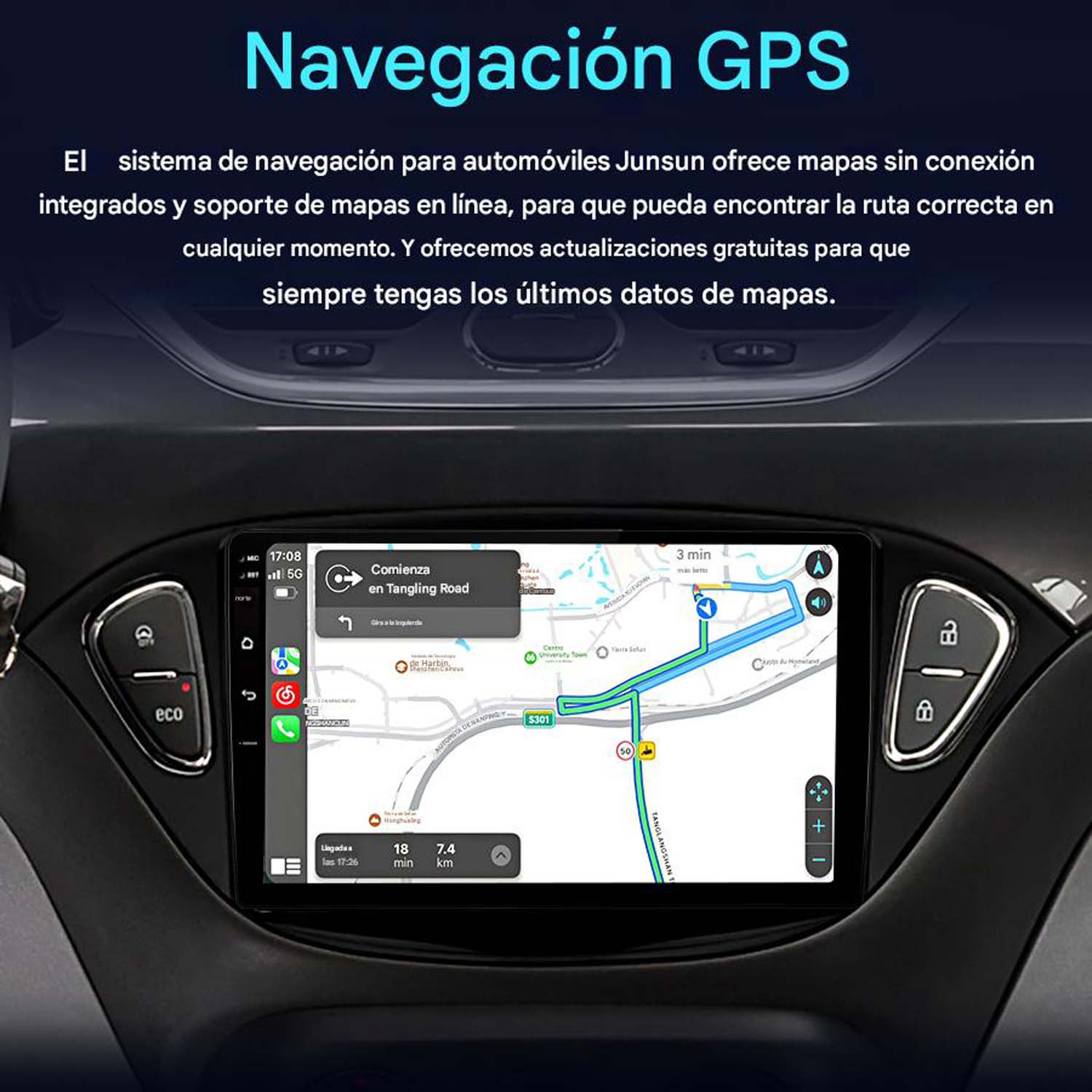Pantalla de radio de coche mostrando un mapa de navegación, con fondo del interior del coche.