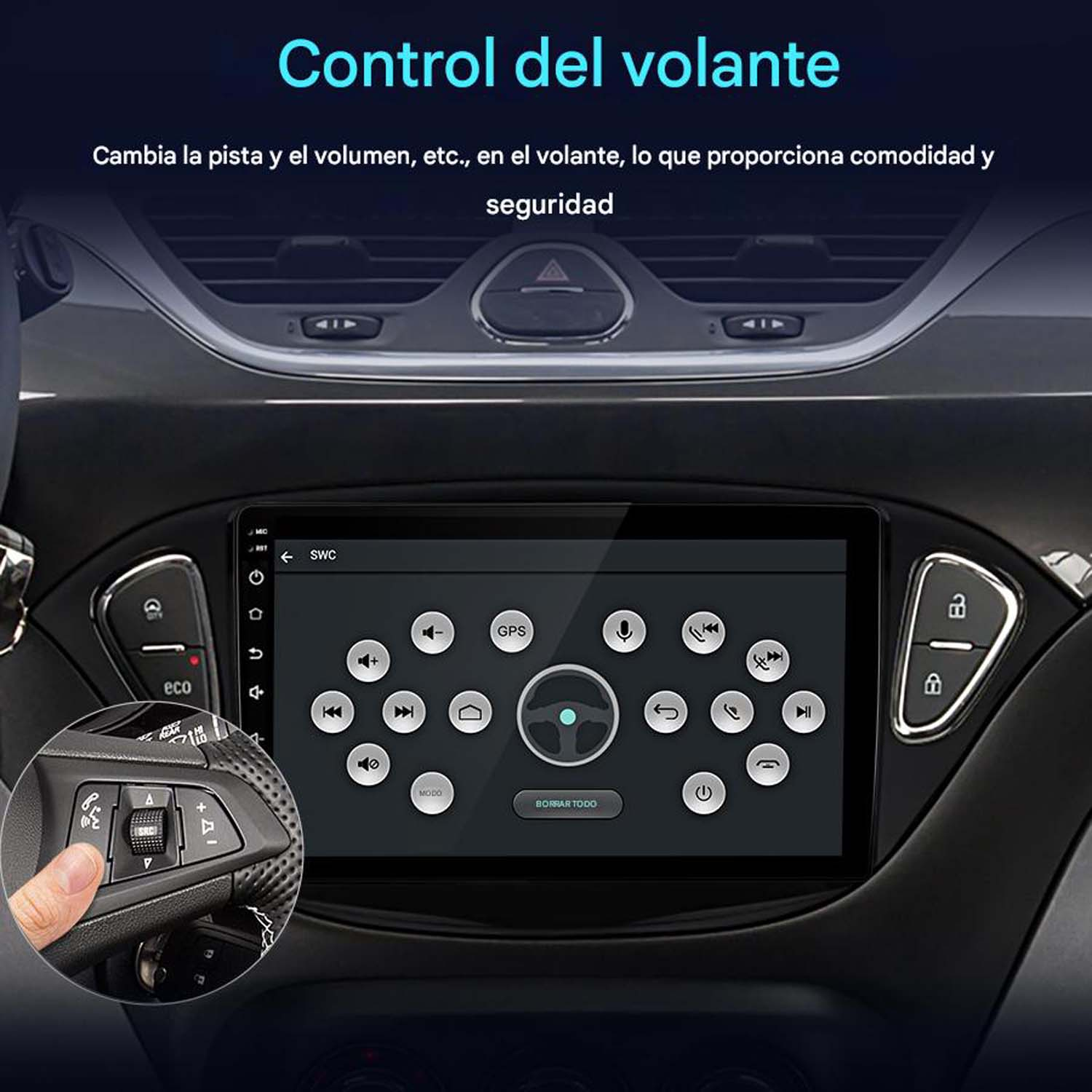 Interior del coche. Una mano presiona un botón en el volante para controlar la pantalla de radio.