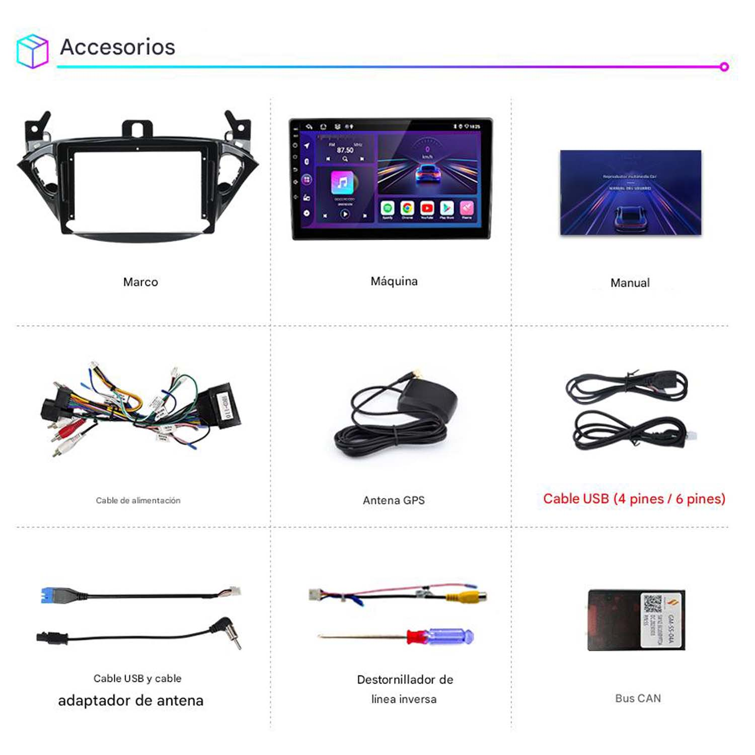 Accesorios de estéreo para coche: marco, pantalla, cables, antena GPS y adaptadores USB.