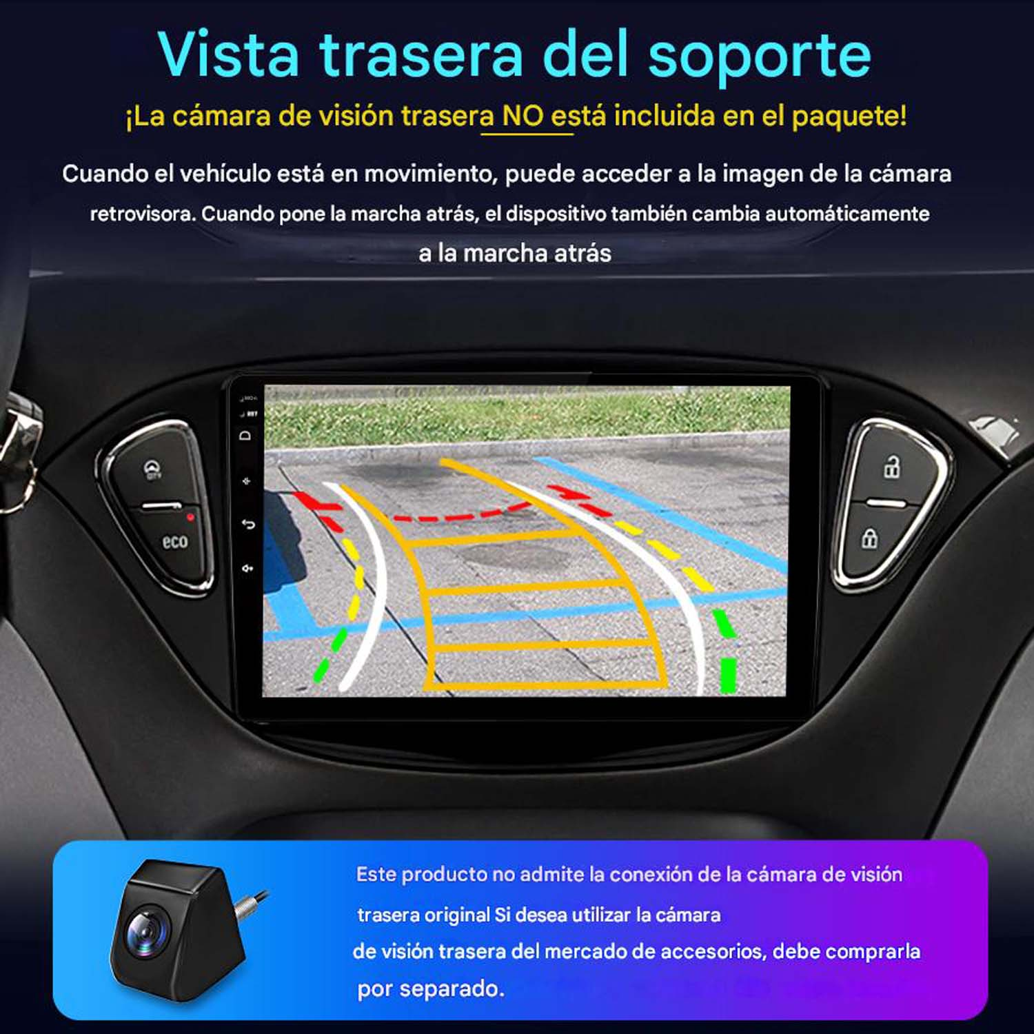 Pantalla del salpicadero que muestra una vista de cámara con guías y una unidad de cámara trasera.