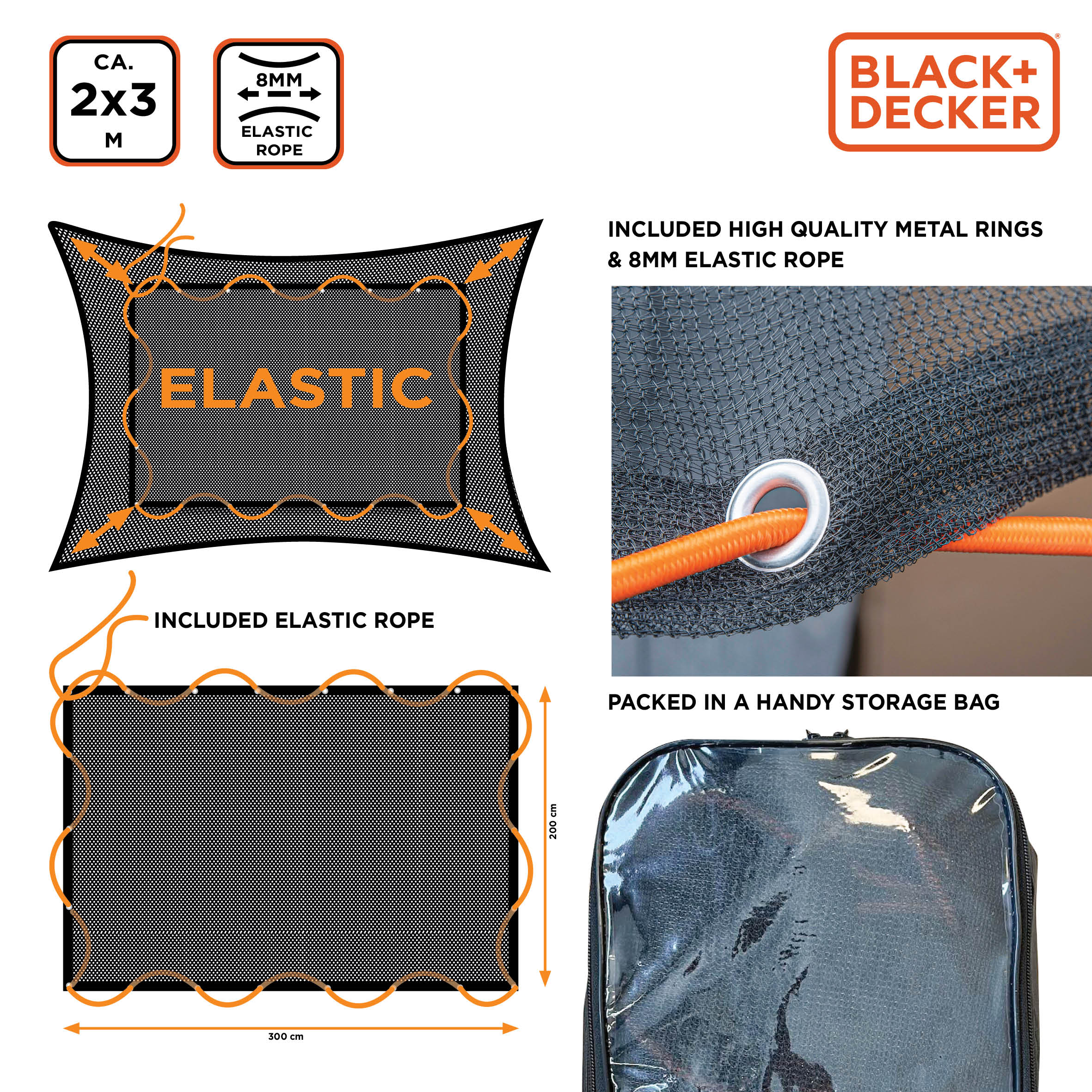 Zwart gaas met metalen ringen, elastisch touw en labels.
