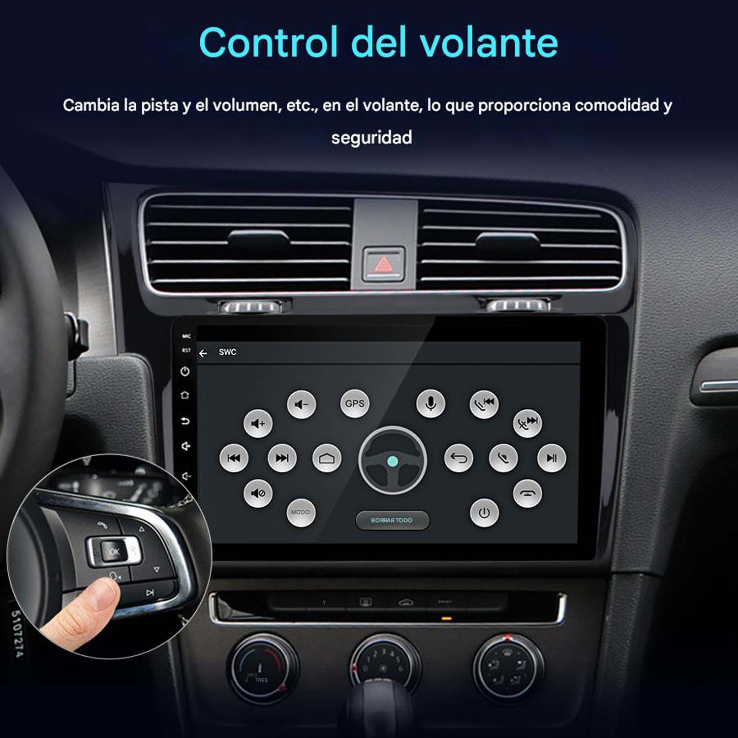 Panel de control del coche con pantalla táctil. El botón del volante está resaltado, con el texto 'Control del volante'.