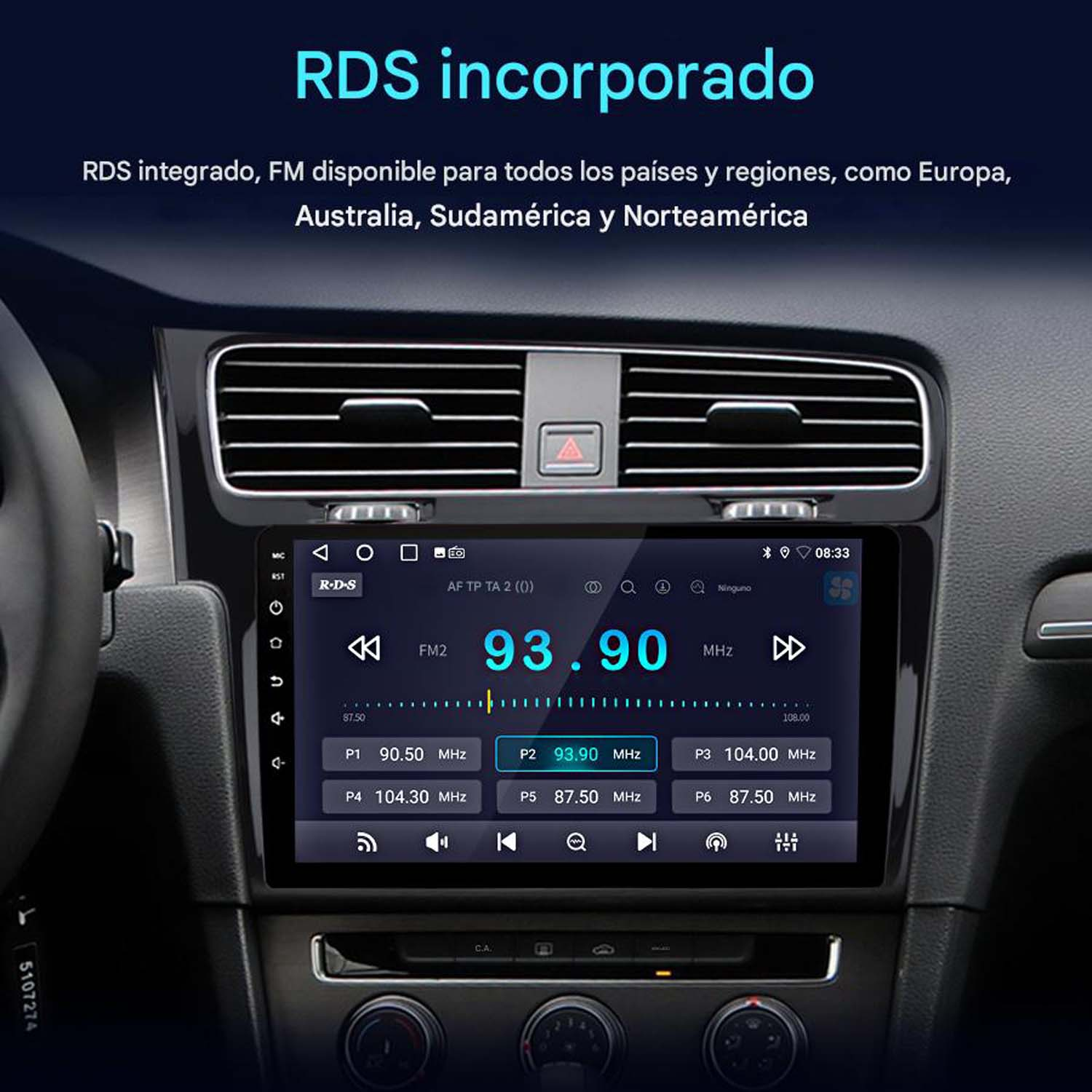 Sistema de audio para automóvil con RDS, con pantalla que muestra información y controles de radio.