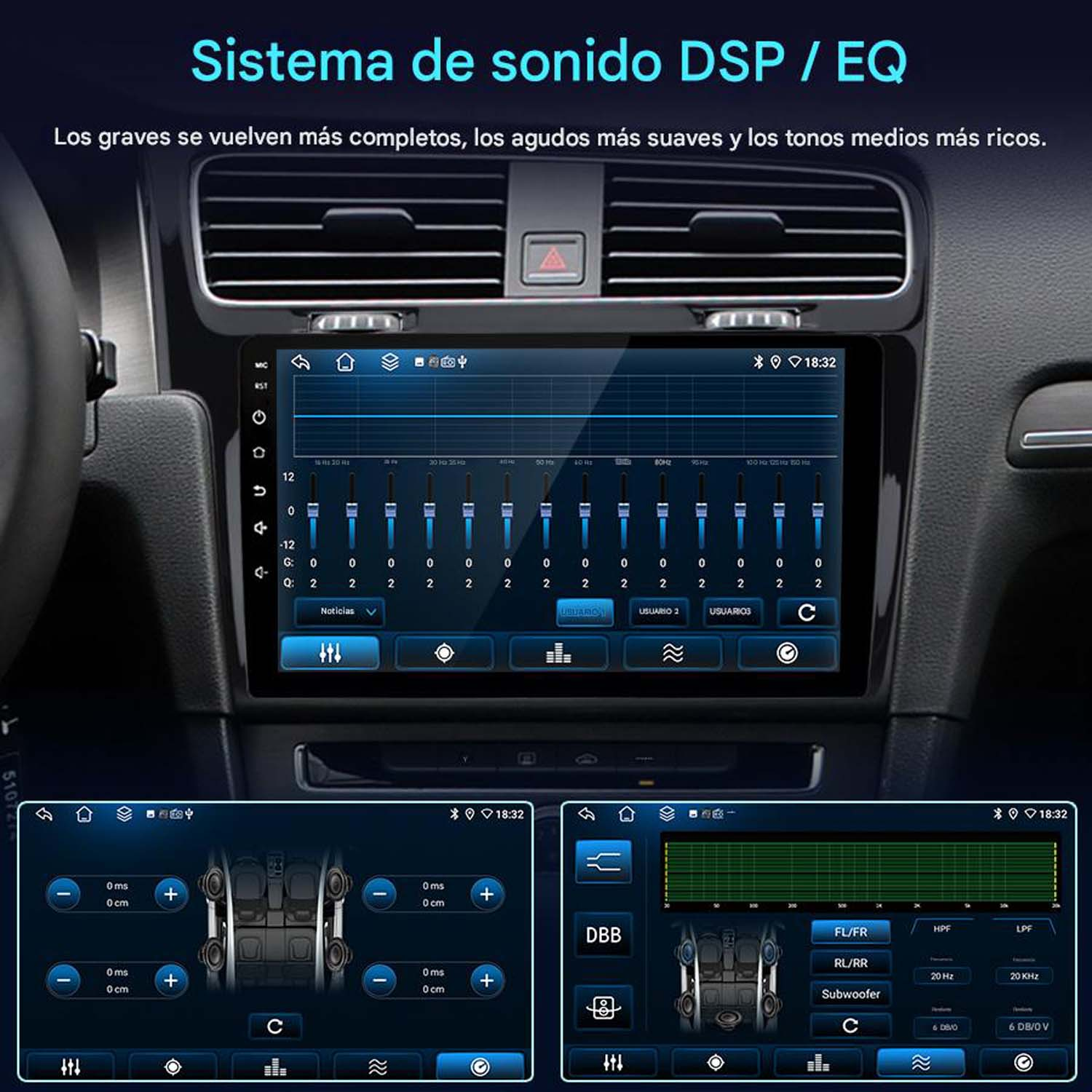 Interfaz del sistema multimedia del coche con ajustes DSP/EQ, que muestra varios ajustes de audio en una pantalla.