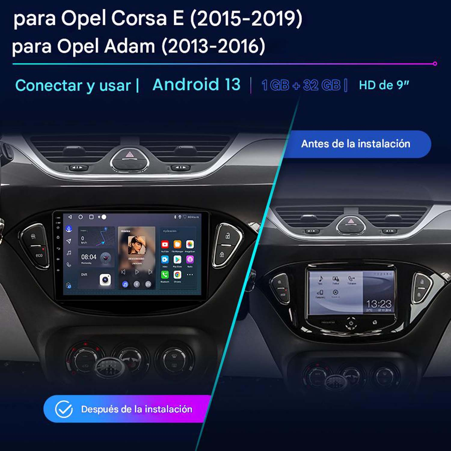 Panel de coche con comparación de pantalla de navegación, antes y después de la instalación, mostrando Android 13.
