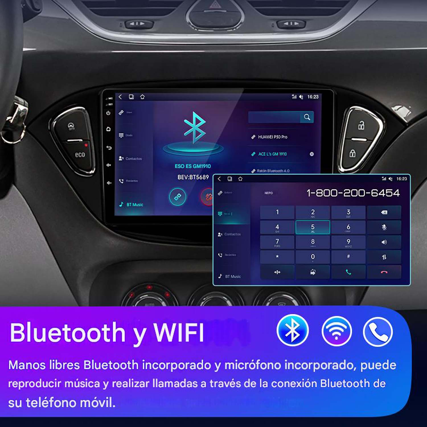 Salpicadero de coche con pantalla que muestra un teclado numérico e iconos de Bluetooth y WiFi.