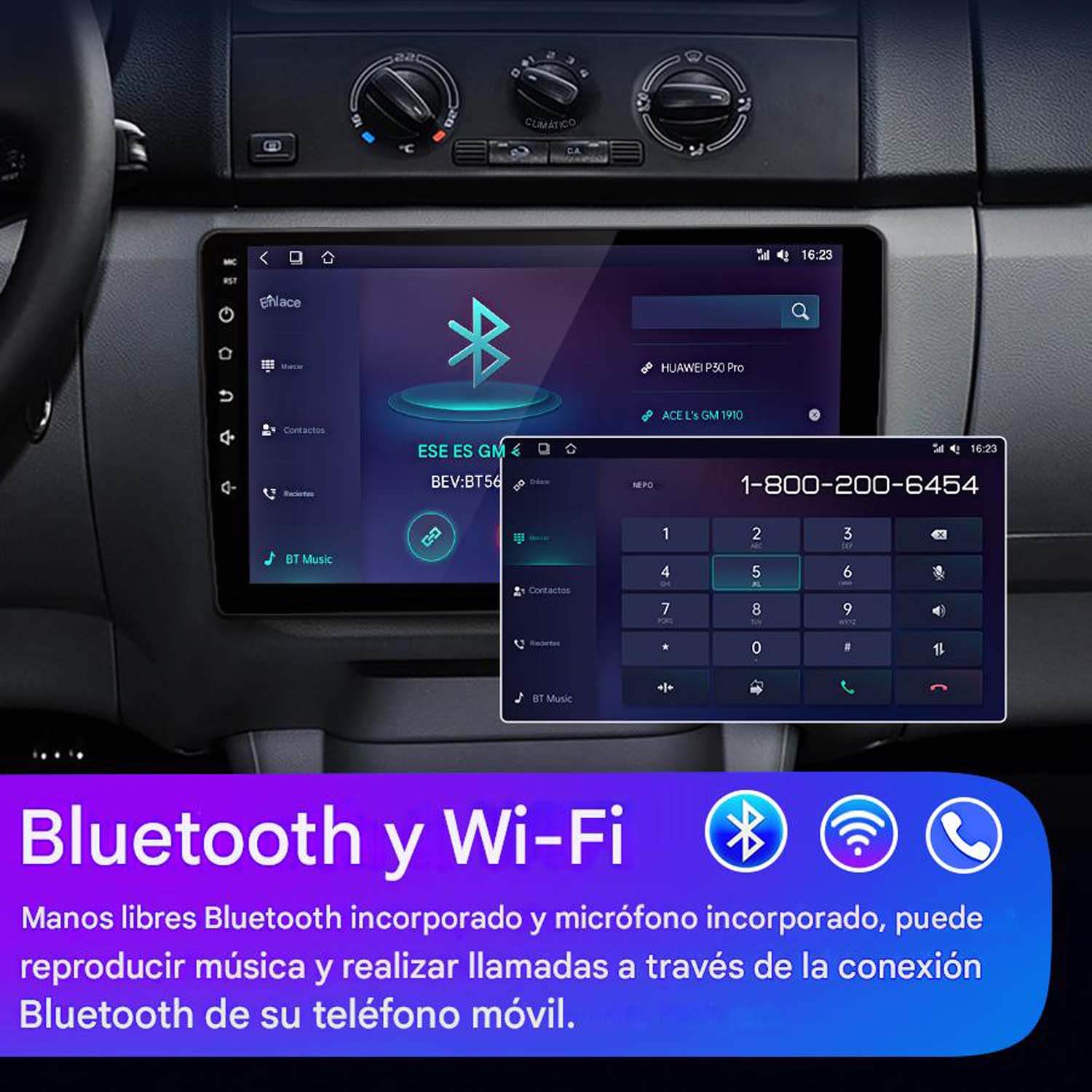 Pantalla de coche mostrando ajustes de Bluetooth y Wi-Fi, con marcador telefónico. Salpicadero visible.