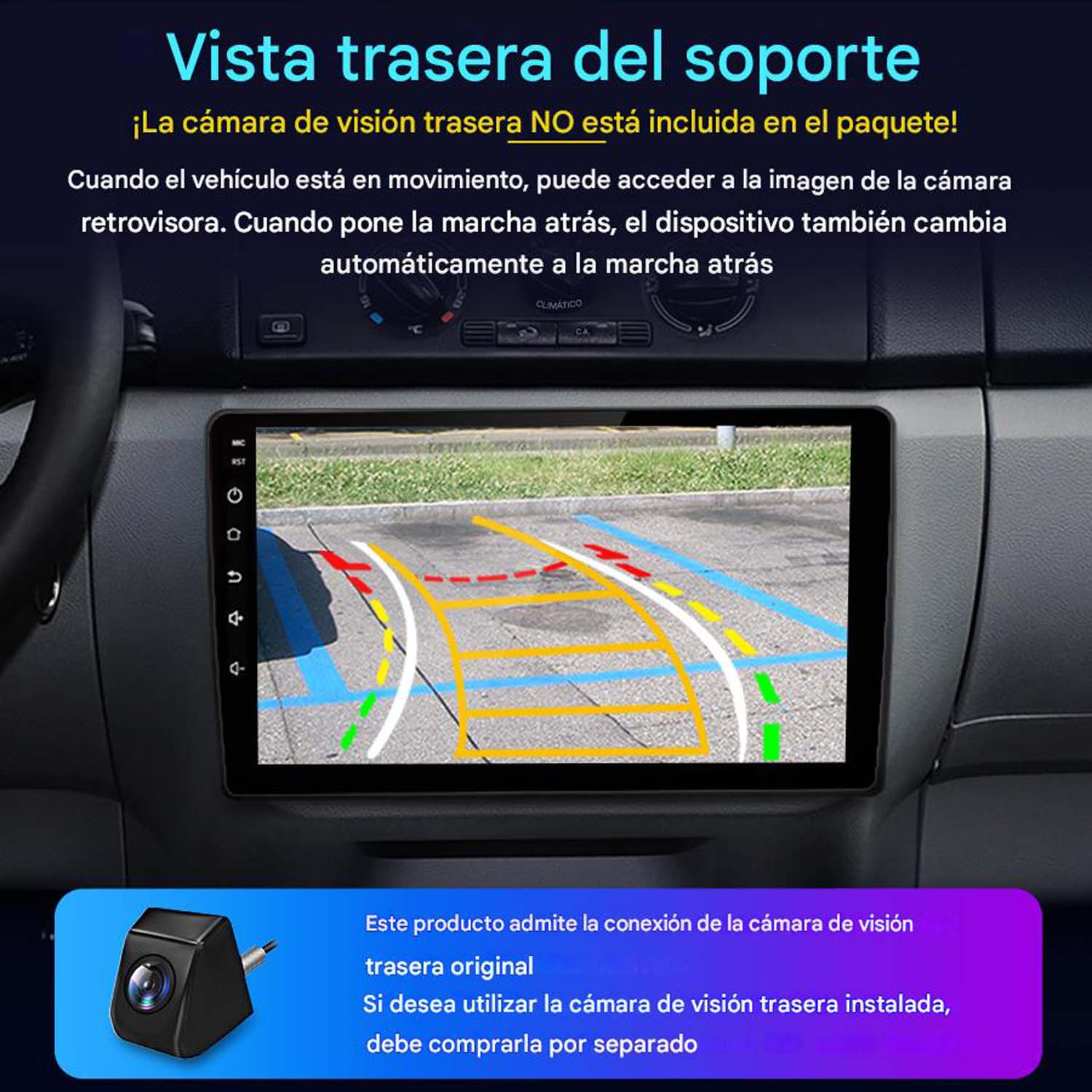 Pantalla muestra vista cámara trasera con líneas de estacionamiento. Cámara negra abajo, con salpicadero de coche.